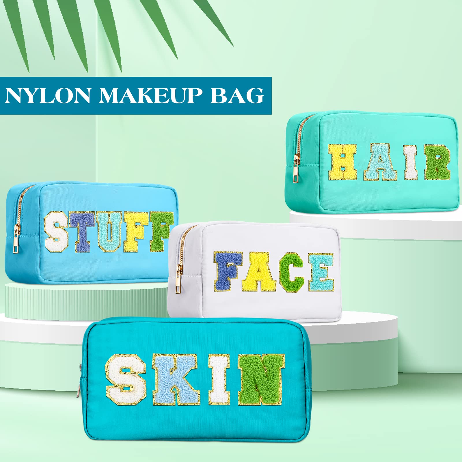 4-Piece Preppy Makeup Bag Set - Chenille Letter Nylon Cosmetic Organizer with Zipper, Toiletry Case & Makeup Pouch for Women & Teens - Bright Color Collection - Perfect for Travel, School & Daily Beauty Storage