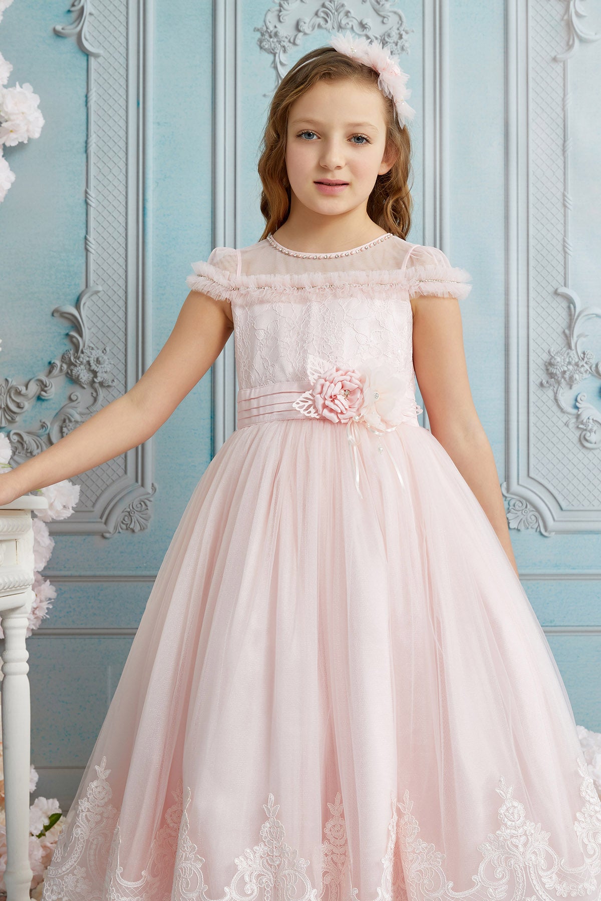 Elegant Long Tulle Powder Pink Dress for Girls - Perfect for Birthday Parties, Pageants & Special Occasions