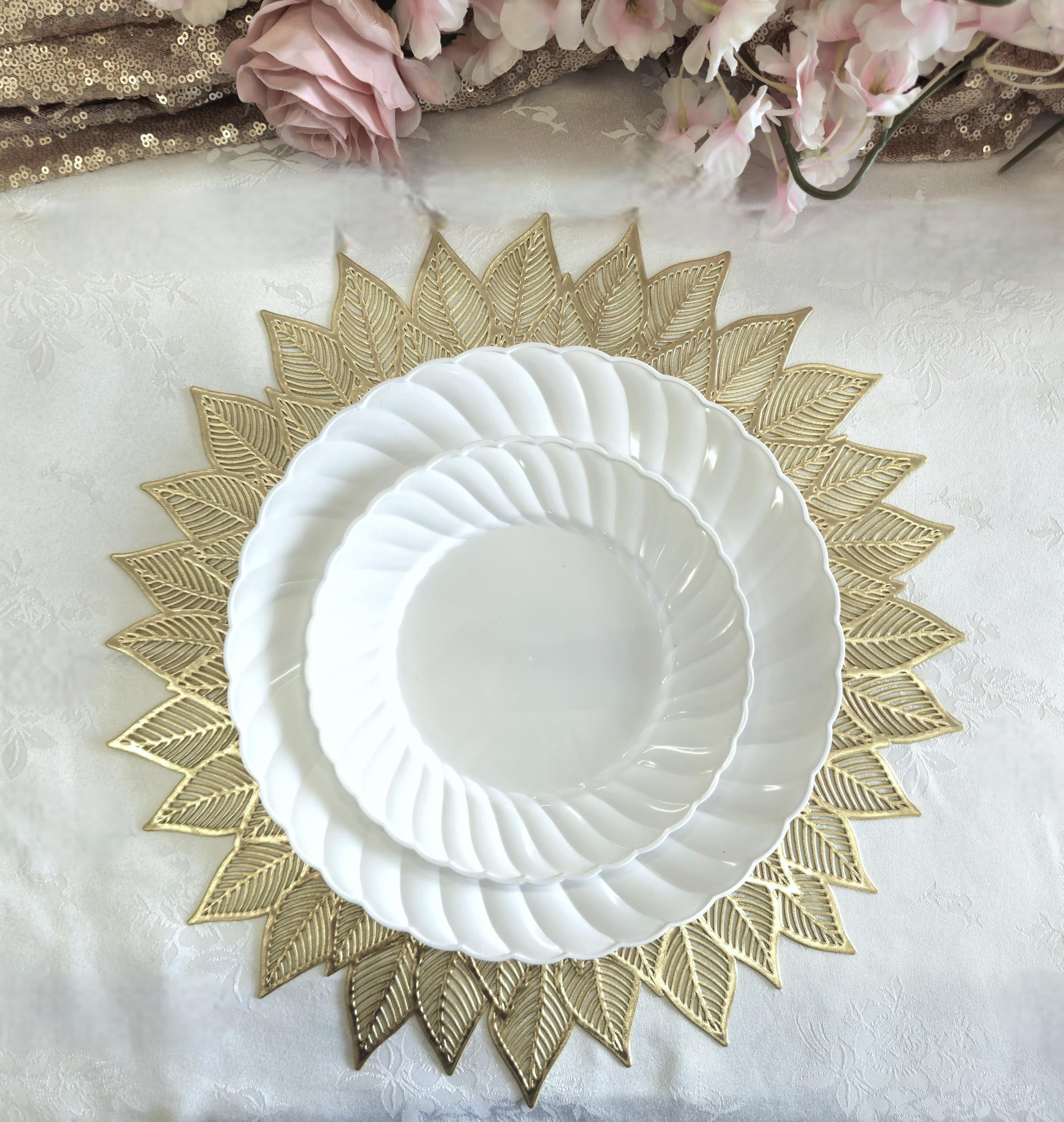 120-Piece Metallic Gold Vinyl Placemats Set - Elegant Pressed Table Mats for Weddings, Parties & Special Occasions - Dhalia Pattern Matt Gold Centerpiece Decor