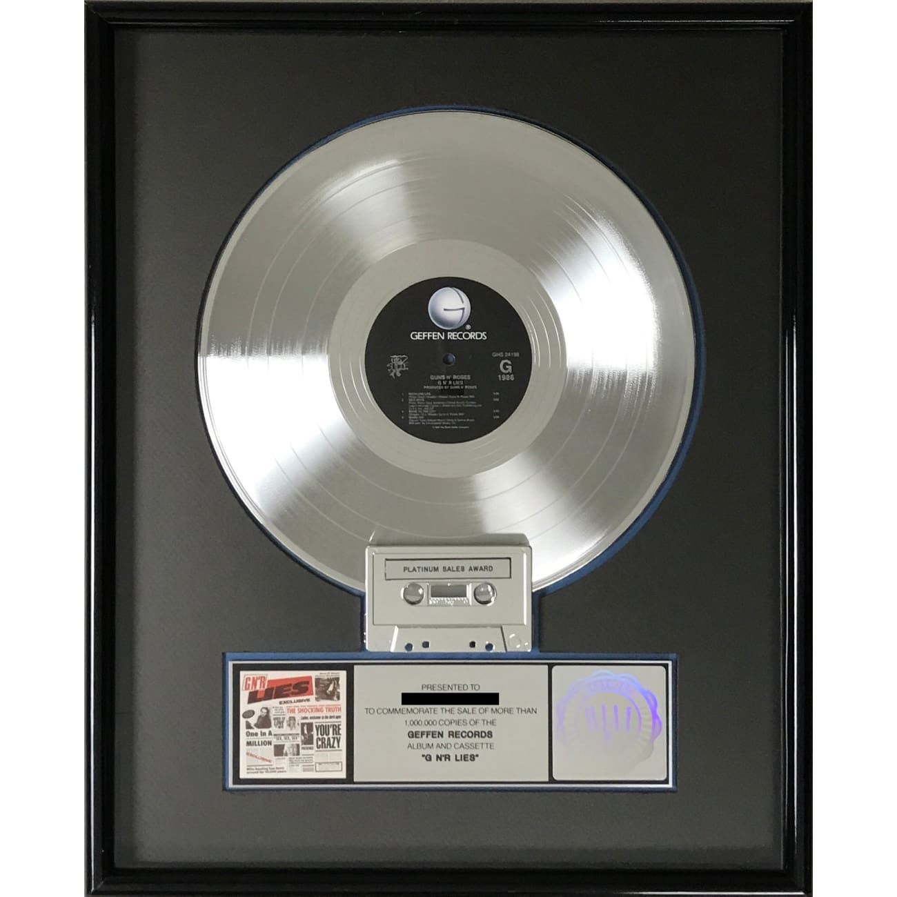 Guns N' Roses G N' R Lies RIAA Certified Platinum Record LP Award - Perfect for Music Collectors, Rock Memorabilia Displays & Hardcore Fan Gifts