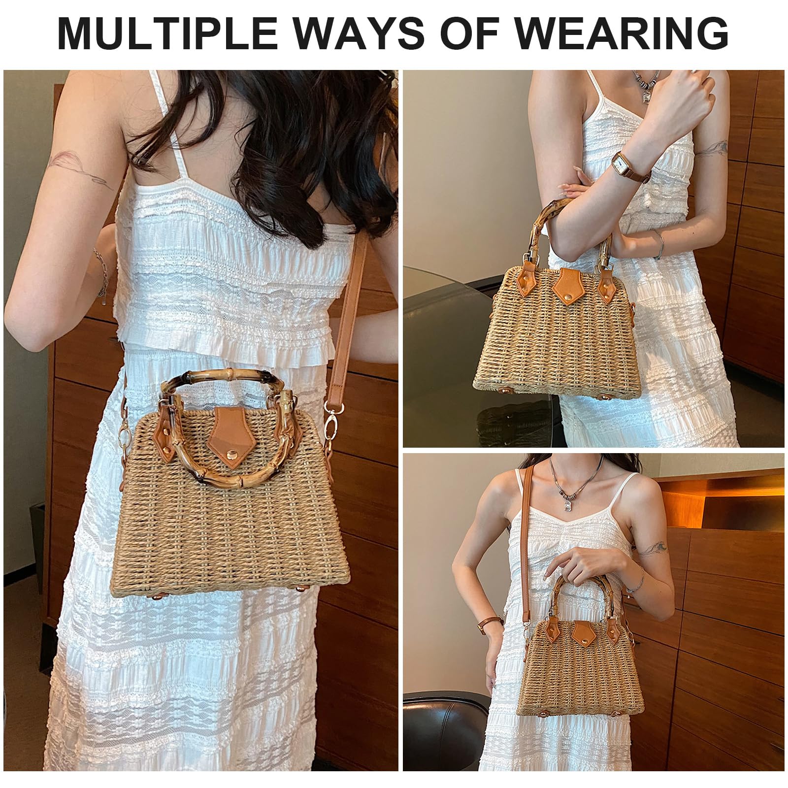 Trendy Straw Tote Bag for Women - Summer Woven Crossbody Purse with Bamboo Handle | Beach Bag, Picnic Accessory, Boho Fashion Statement