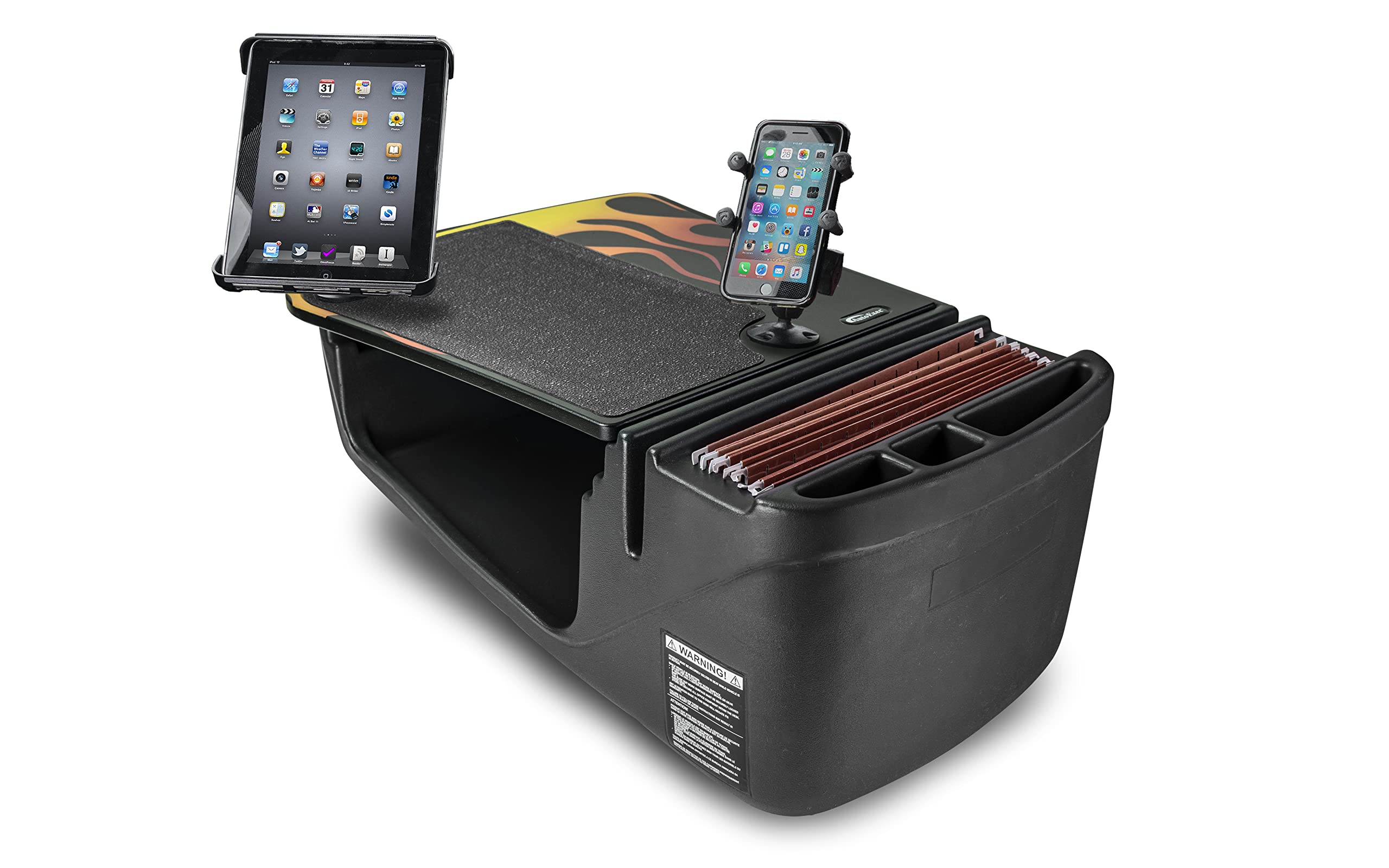 AutoExec AUE06800 Efficiency GripMaster Car Desk with Phone & Tablet Mount - Hot Rod Orange Flames Design - Perfect for Work, Gaming & Road Trips in Your Vehicle