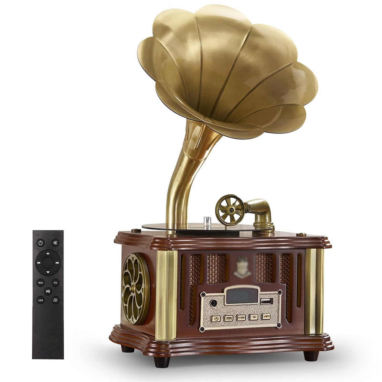 Vintage Retro Gramophone Bluetooth 5.1 Wireless Record Player - Mini Bronze Speaker with Remote Control, FM Radio, USB/AUX Input - Classic Music Box for Home Decor & Entertainment (Brown) | Perfect for Living Rooms, Bedrooms, and Vintage-Themed Parties