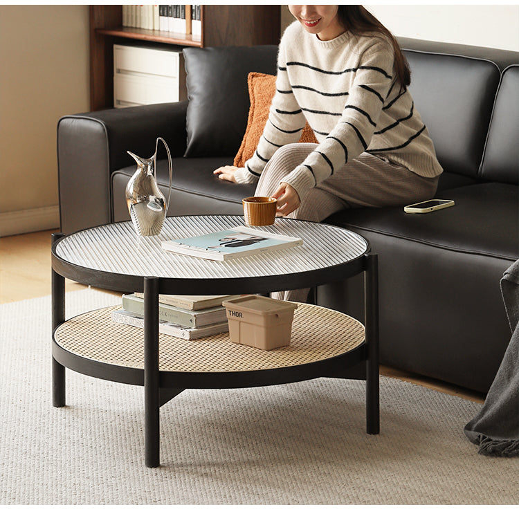 Solid Oak Wood Rattan Black Glass Round Coffee Table - Modern Living Room Centerpiece for Home Decor
