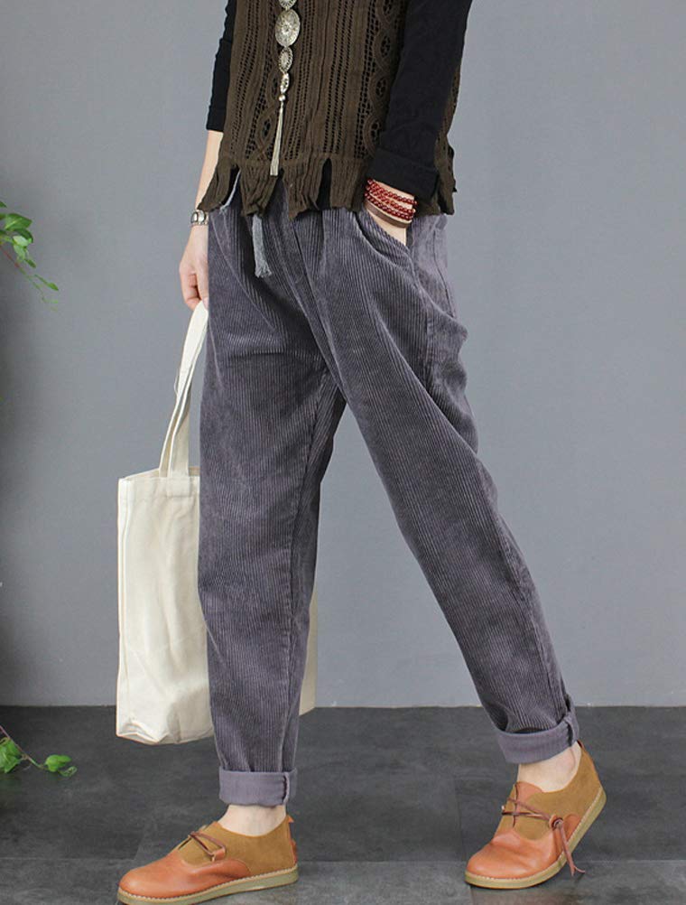 Minibee Women's Corduroy Pants - Stretch Elastic Waist with Drawstring, Soft Cotton Casual Trousers for Lounge, Work & Everyday Wear