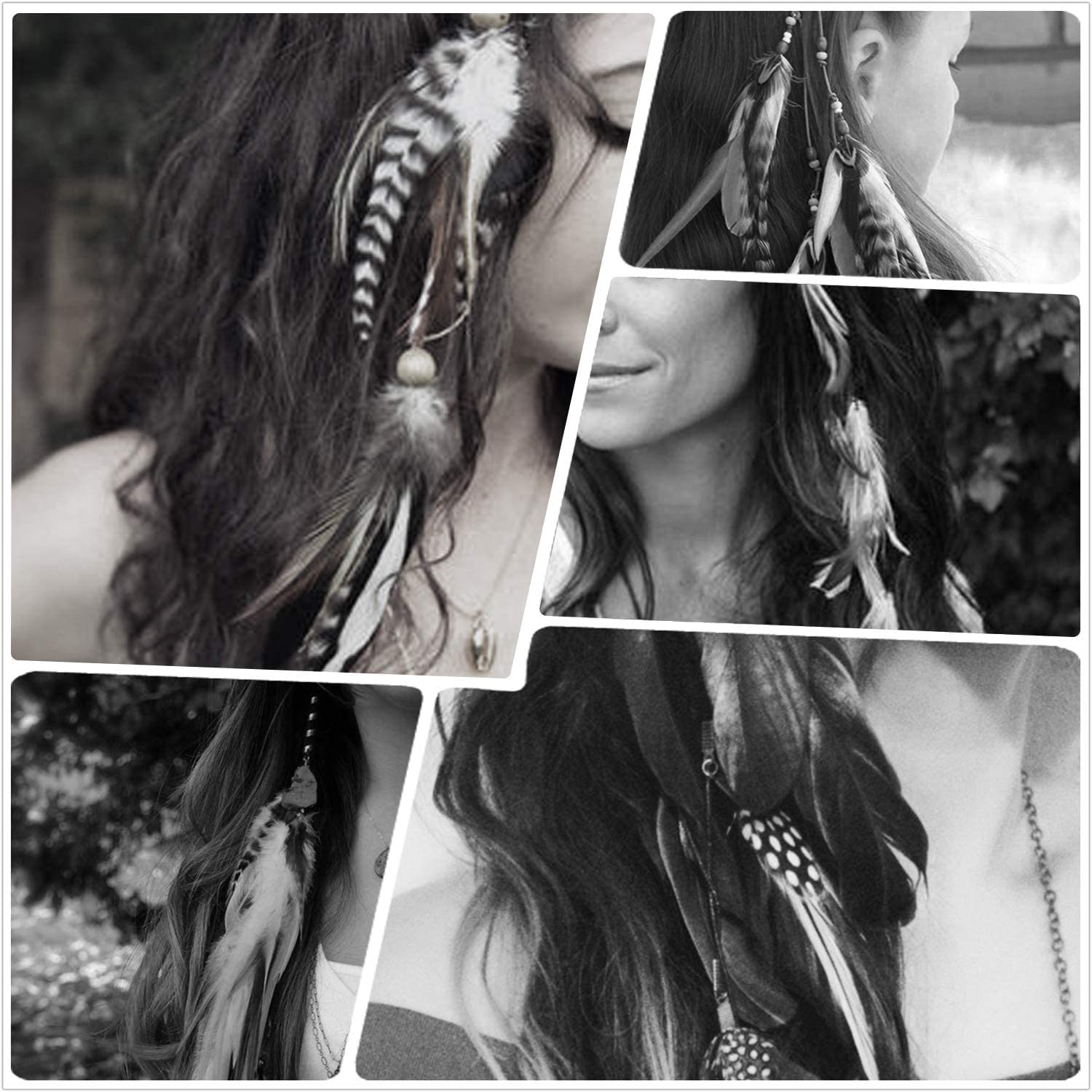MWOOT 4Pcs Boho Feather Hair Clips for Women - Handmade Hippie Hair Accessories with Clip Comb & Indian Tassel Beads - Festival Headdress for Coachella, Raves, Concerts & Costume Parties (Brown Khaki)