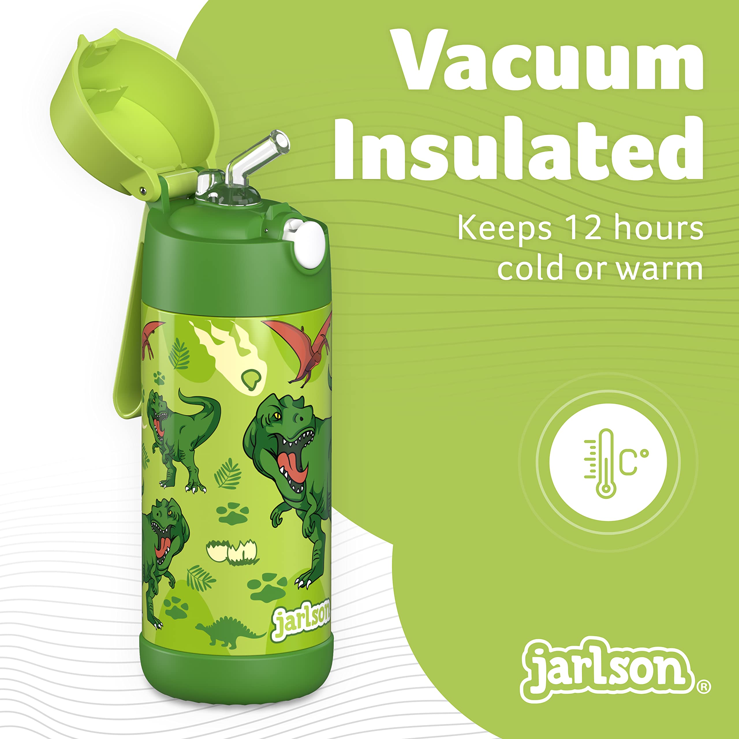 CHARLI Insulated Stainless Steel Water Bottle with Straw for Kids - 12oz Leakproof Thermos for School, Sports & Outdoor Activities (Dinosaur Star Design) - BPA Free Bottle for Boys & Girls