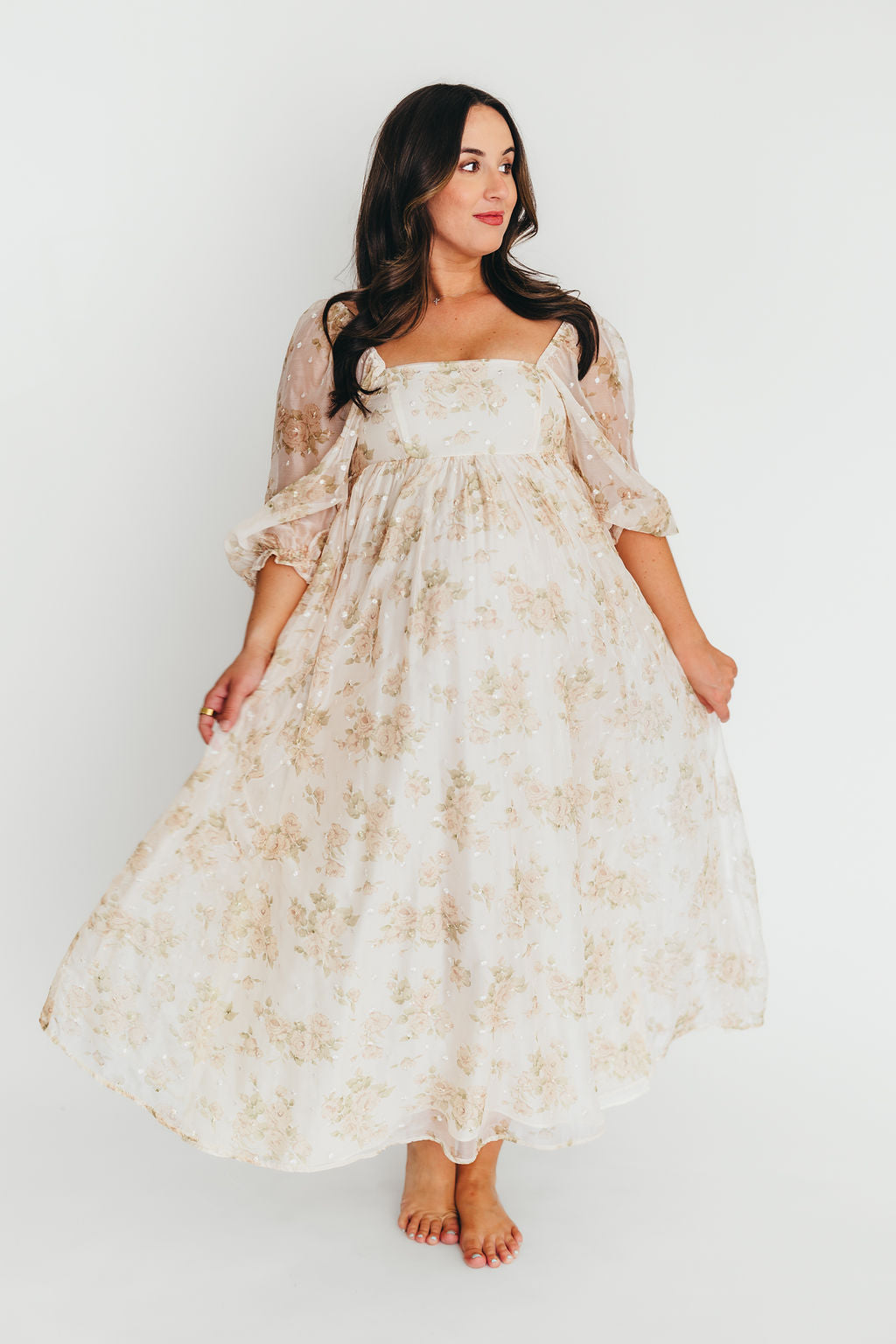 Elegant Cream Floral Smocked Maxi Dress for Women - Bump Friendly Maternity & Inclusive Sizing (S-3XL) | Perfect for Weddings, Beach Vacations & Summer Parties