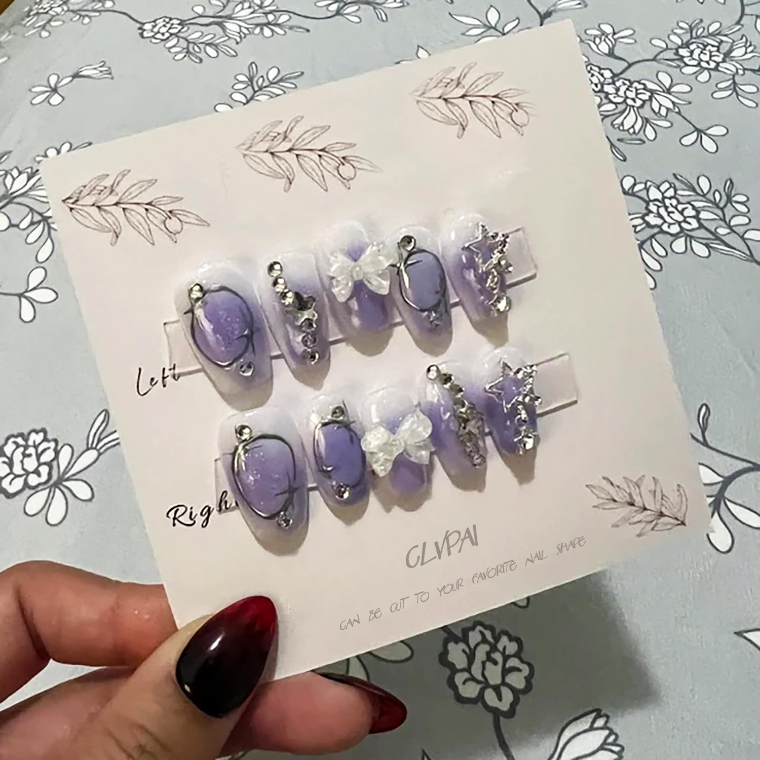 Purple Press on Nails - Almond Fake Nails with Glitter Rhinestones & 3D White Bow Design | Y2K Silver Chrome Nails for Women | Perfect for Parties, Weddings, and Special Occasions