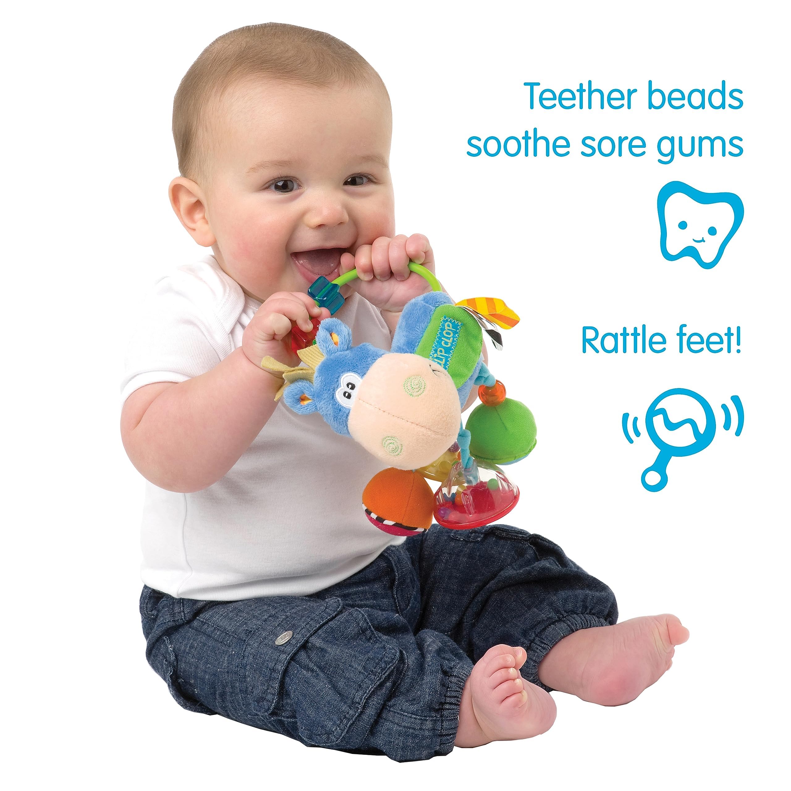 Playgro Soft Baby Developmental Toys for 3-12 Months - Non-Toxic Plush Rattle & Teething Toy for Newborns & Infants - Sensory Activity Gift (Blue Clip Clop) - Perfect for Tummy Time, Stroller & Crib Play
