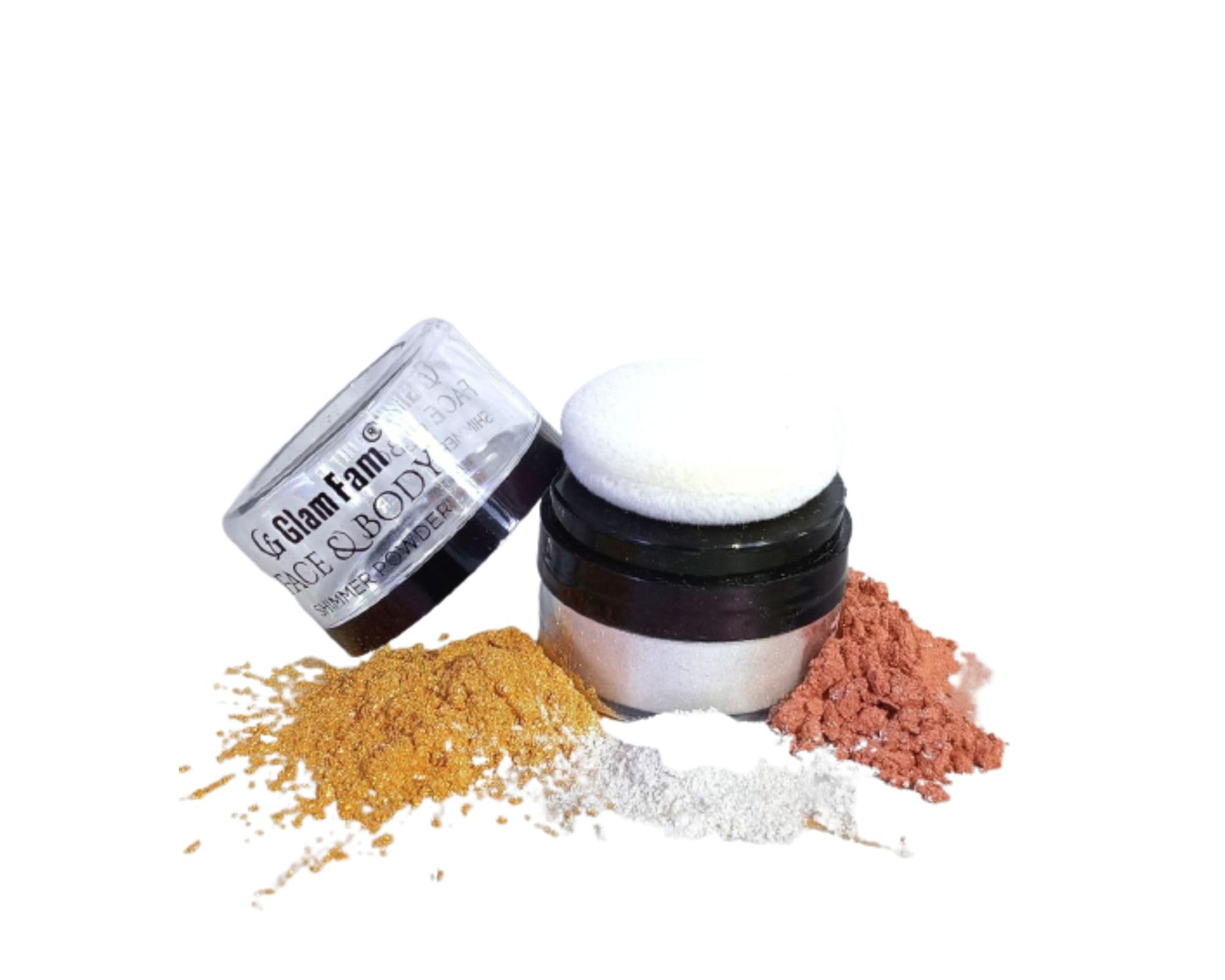 GLAM FAM Shimmer Highlighter Powder - 24K Gold Face & Body Makeup with Ultra Soft Applicator Brush | Vegan, Cruelty-Free Shiny Glow for Cheeks, Shoulders, Legs | Perfect for Parties, Photos & Special Occasions