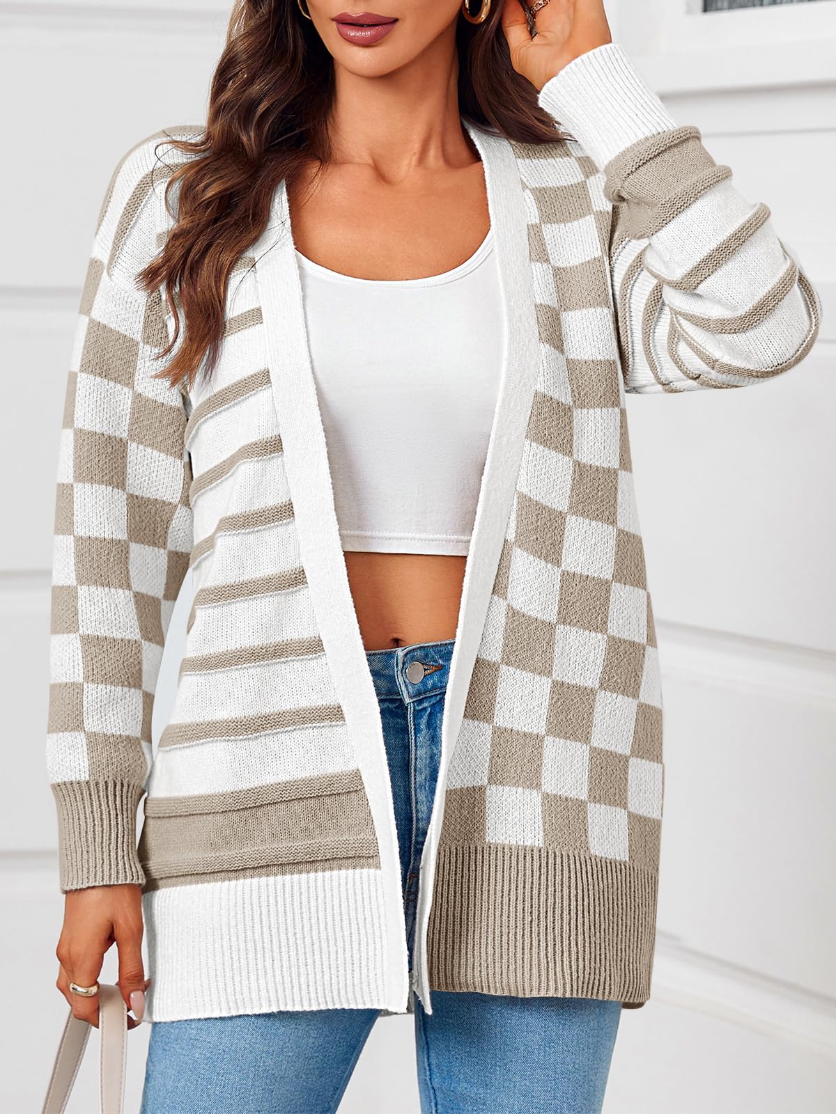 Saodimallsu Women's Checkered Striped Oversized Cardigan Sweater - Open Front Long Sleeve Knit Coat with Pockets | Casual Fall Winter Layering, Office Wear & Cozy Home Outfit