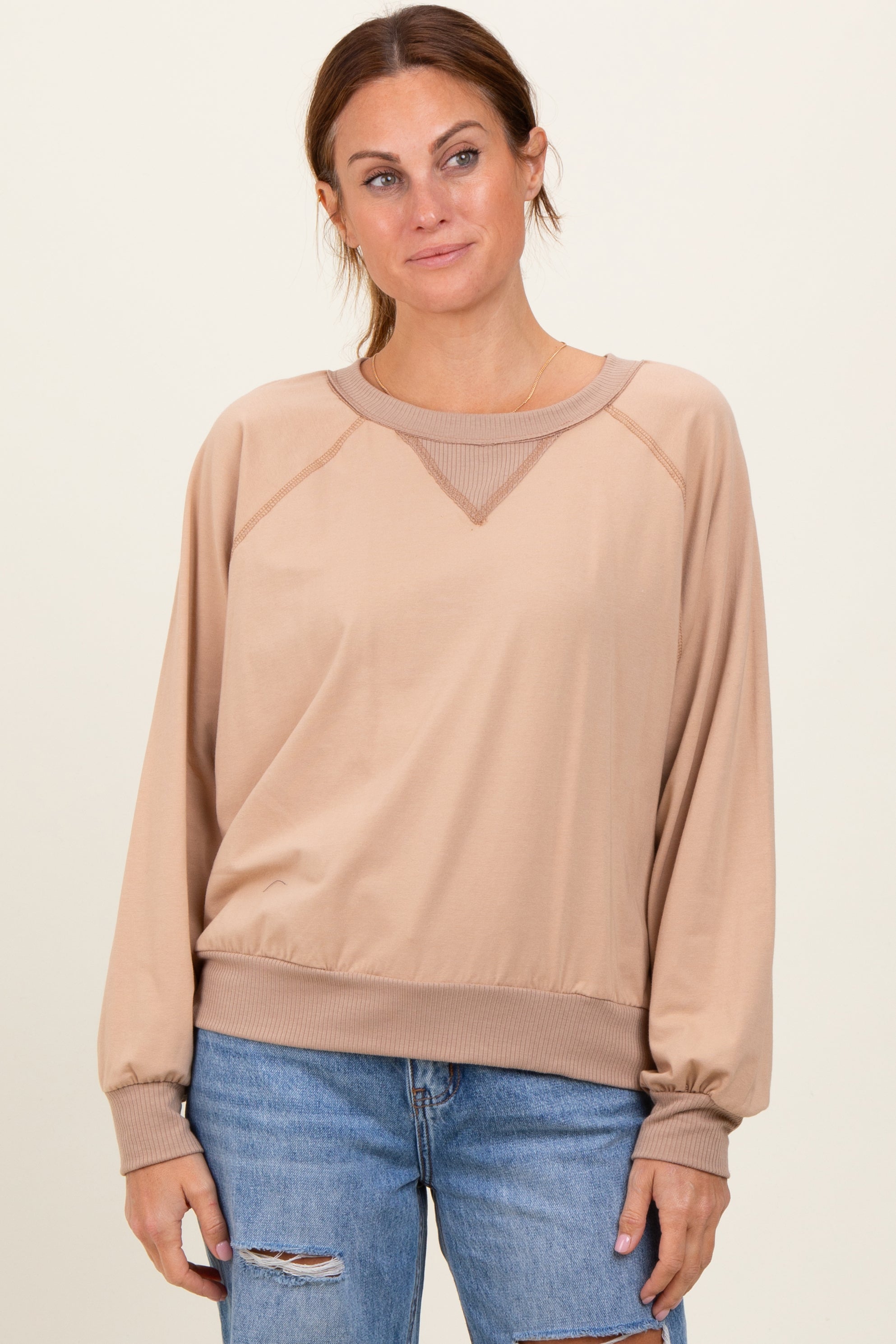 Beige French Terry Contrast Rib Maternity Long Sleeve Pullover - Soft & Stretchy Pregnancy Top for Comfortable Maternity Wear | Perfect for Casual Outfits, Nursing & Everyday Use