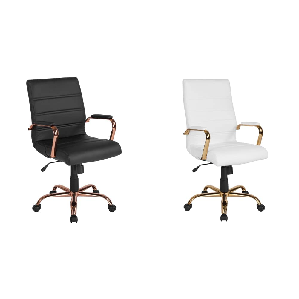 Flash Furniture High Back Executive Office Chair - White LeatherSoft Swivel Arm Chair with Gold Frame - Ergonomic Desk Chair for Home & Office Workspaces