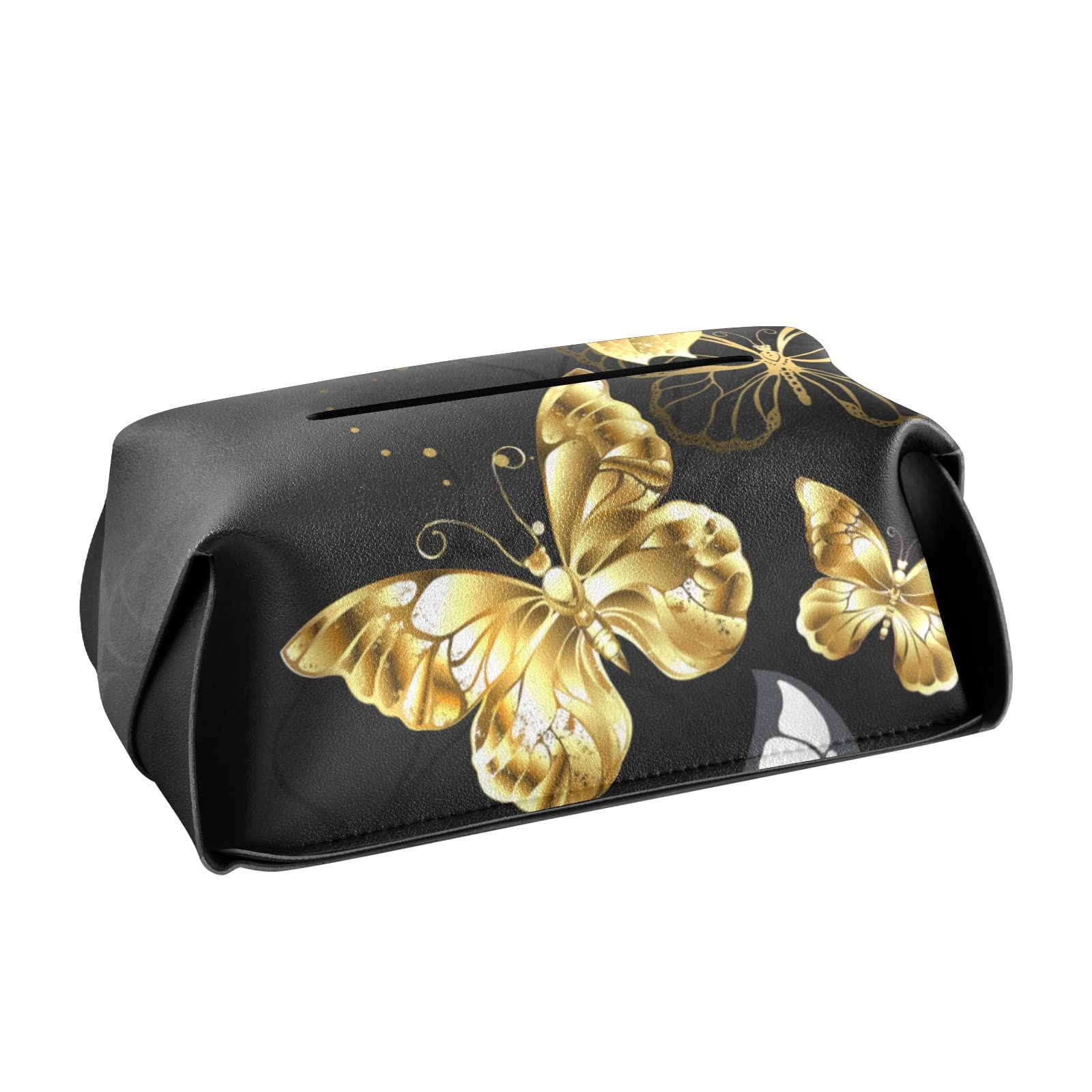 Gold Butterfly Jewelry Tissue Box Cover - PU Leather Rectangular Tissue Holder with Handle for Bathroom & Bedroom Decor | Elegant Home & Office Accessory