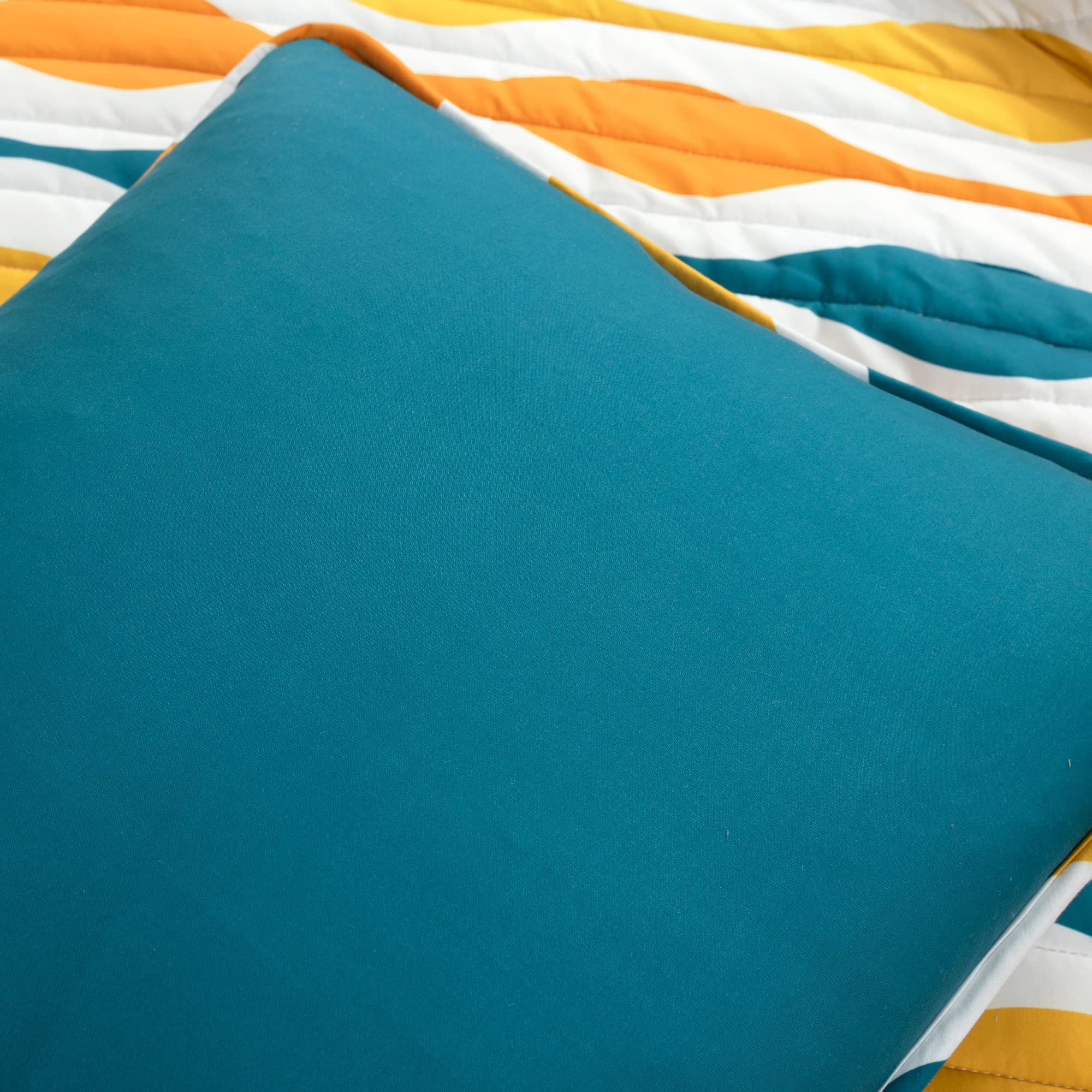 Mid Century Geo Quilt Set - Full/Queen, Turquoise & Orange for Modern Bedroom
