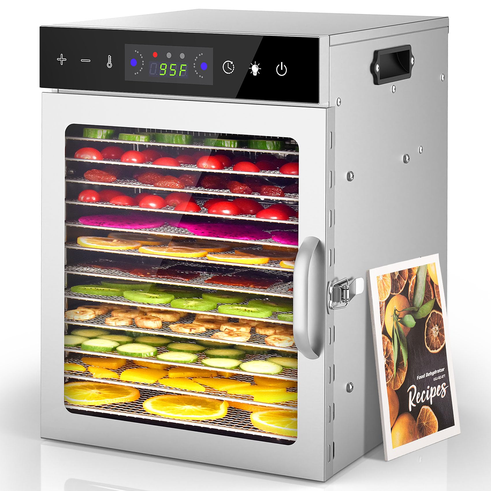 HOPERAN 12-Tray Stainless Steel Food Dehydrator Machine - Digital Timer & Temperature Control for Jerky, Herbs, Fruits - Overheat Protection with Free Recipe Book - Perfect for Home Drying, Camping & Healthy Snacks