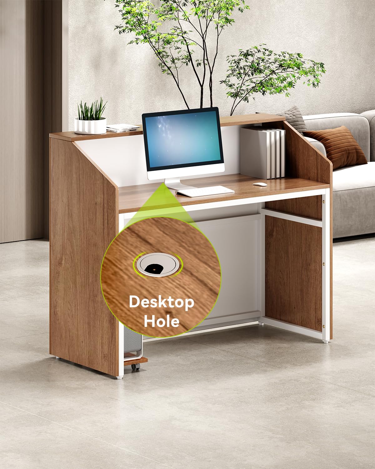 47-Inch Oak Reception Desk with Counter - Modern Lobby Welcome Table for Office, Beauty Salon & Retail Checkout - Durable & Stylish Front Desk for Professional Spaces