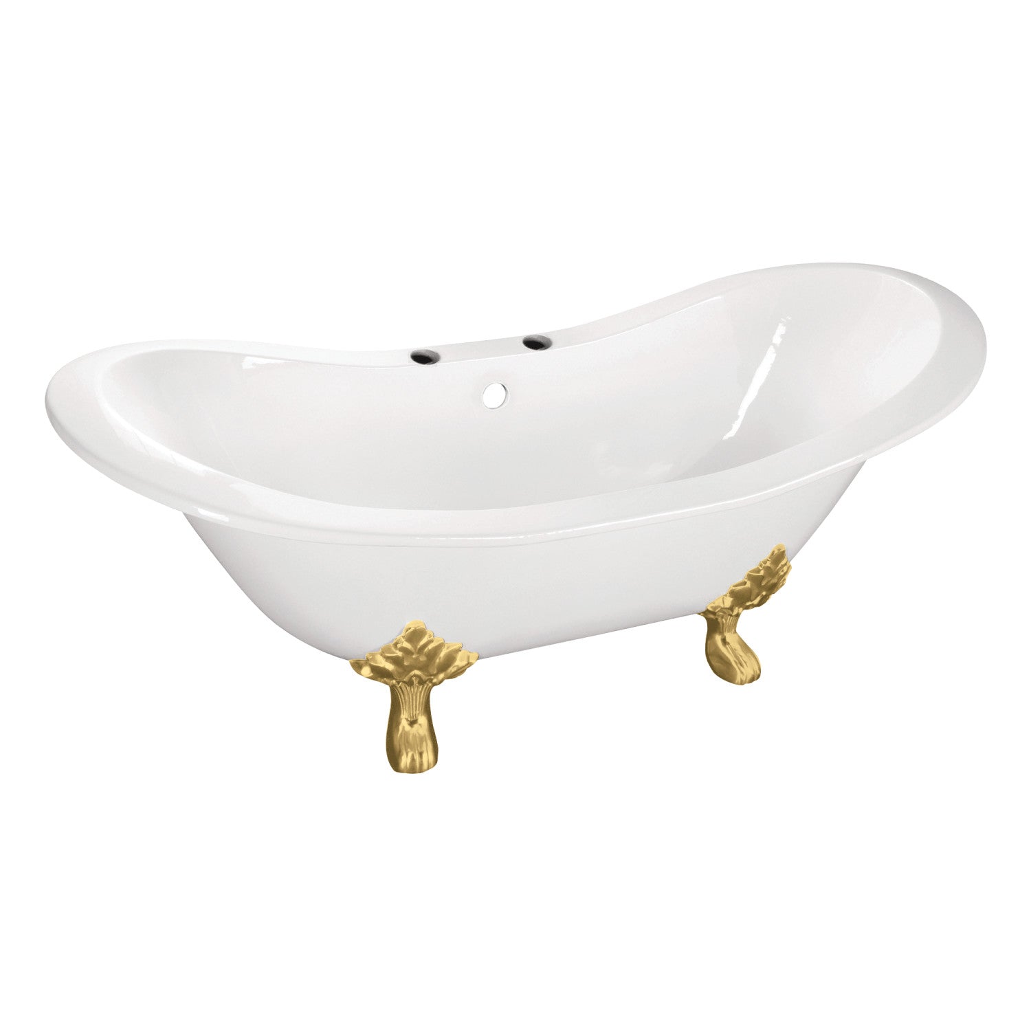 Aqua Eden 61 Inch White Cast Iron Oval Double Slipper Clawfoot Bathtub with Brushed Brass Faucet Drillings - Vintage Freestanding Soaking Tub for Luxury Bathroom & Spa Retreat