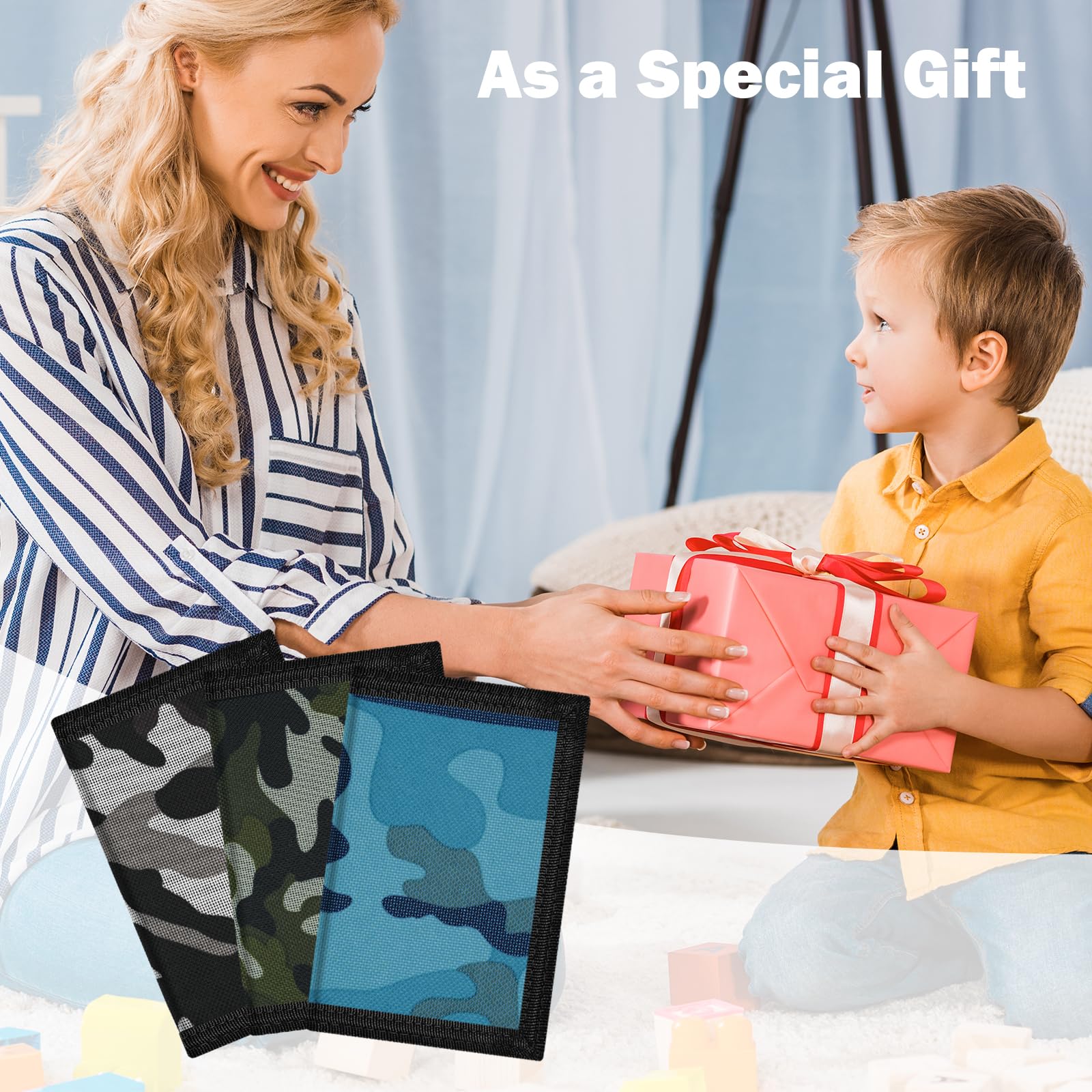 3 Pack Kids RFID Blocking Wallets - Cartoon Mini Trifold Coin Purses with Zipper & Magic Sticker, Camouflage Canvas Front Pocket Wallets for Boys & Girls - Perfect for School, Travel & Outdoor Activities
