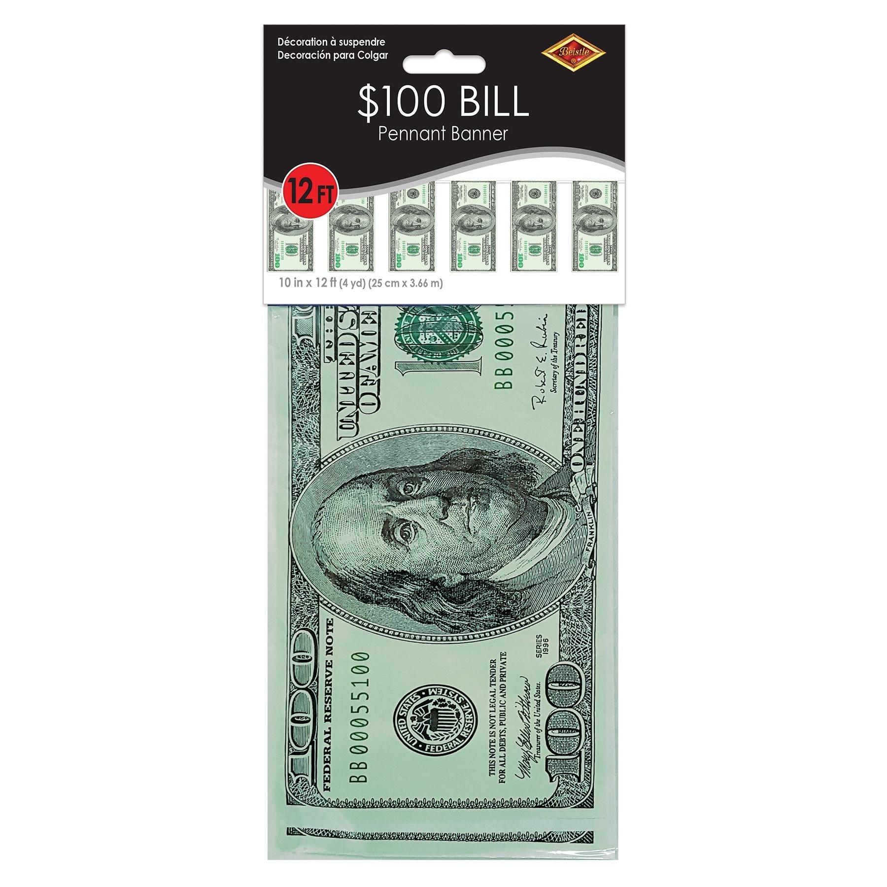 12 Pack Beistle $100 Bill Pennant Party Banner - Premium Dollar Bill Decorations for Birthday, Graduation & Casino Themed Parties - Perfect for Wall Decor, Photo Backdrops and Event Decorations