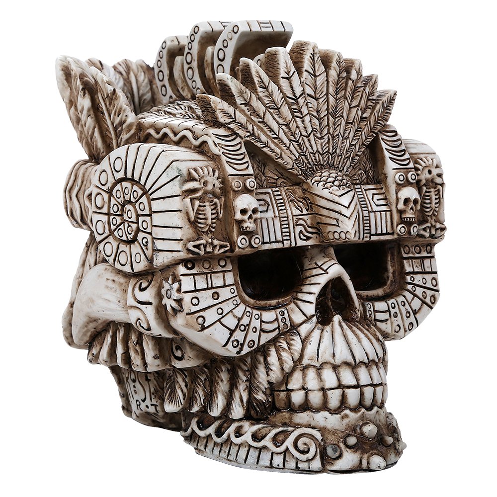 Montezuma Aztec Ruler Skull Collectible Figurine - 6 Inch Antique Bone Finish Statue for Home Decor, Gothic Display & Unique Gift Idea