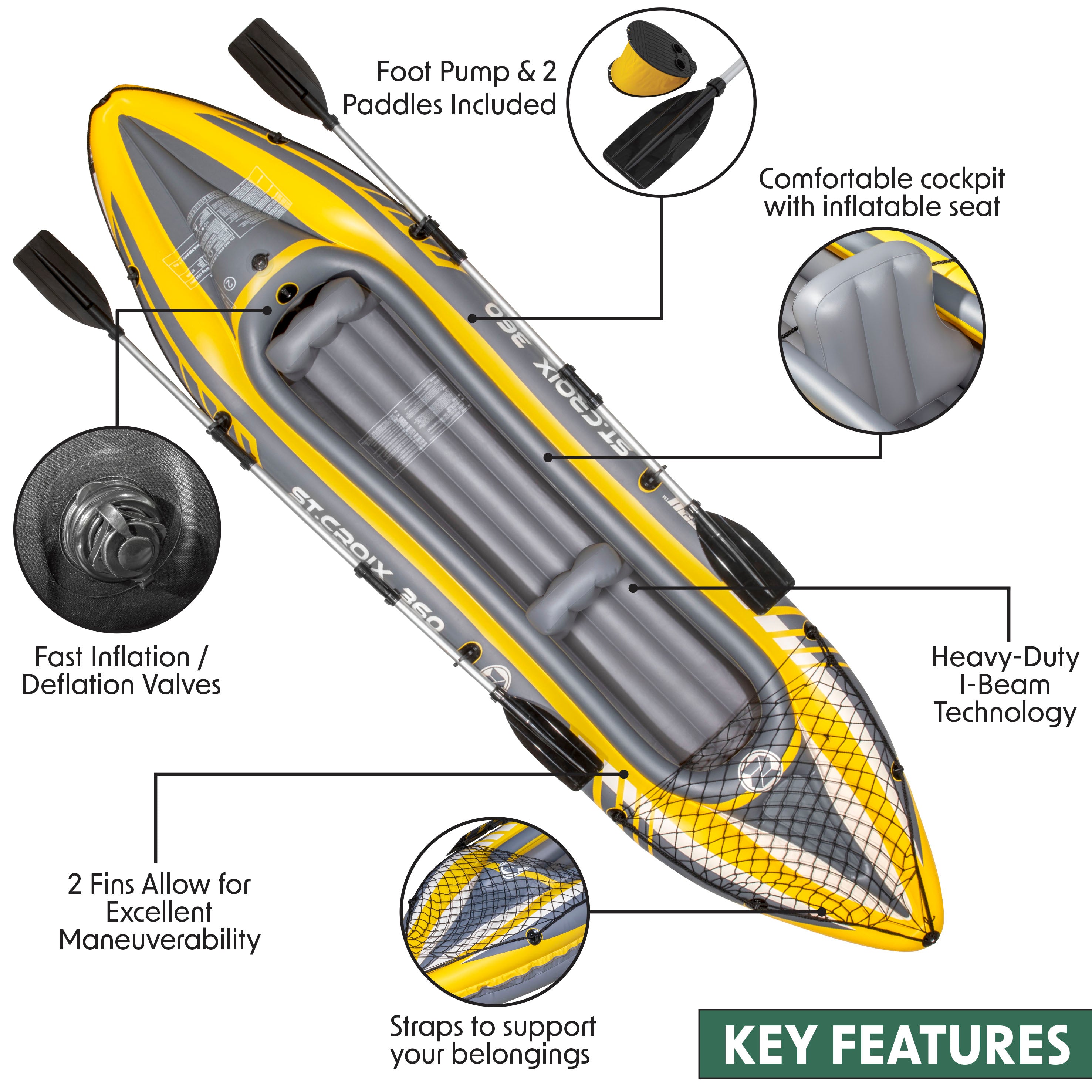 **Inflatable 2-Person Kayak Canoe Set - Blue/Yellow/White - Includes Pump, Carry Bag & 2 Aluminum Paddles (DL155) - Perfect for Lakes, Rivers & Outdoor Adventures**