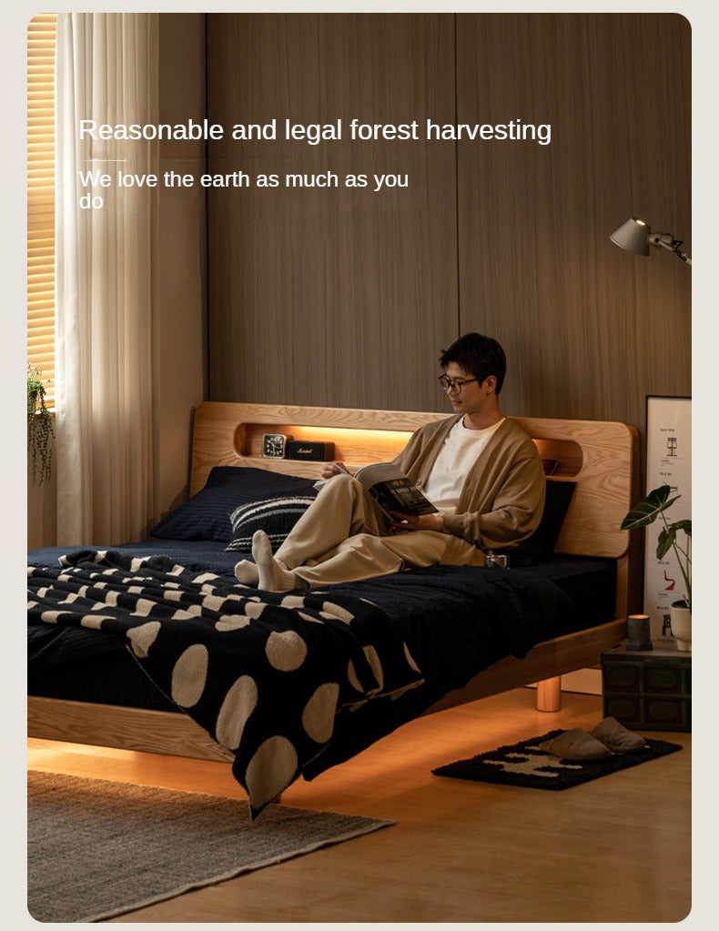 Solid Oak Wood Suspension Luminous Bed - Modern Floating Platform Bed with LED Lighting for Bedroom, Guest Room, or Dorm