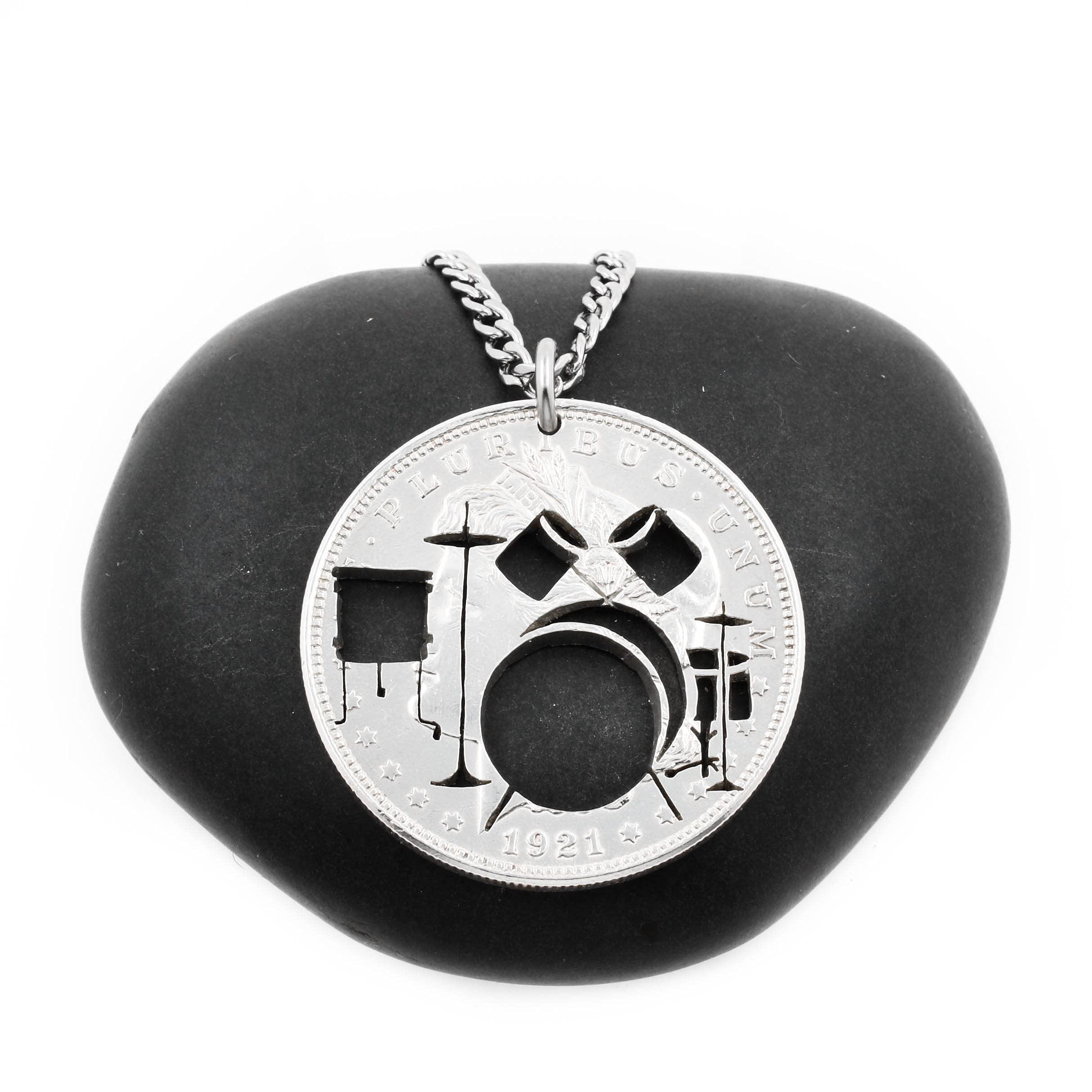 NameCoins Drum Set Necklace - Bass Drum, Snare Drum, Hi-Hat, Crash Cymbal & Floor Tom Pendant - Unique Rock Band Jewelry for Musicians & Drummers - Hand-Cut Coin Gift for Music Lovers - Perfect for Concerts, Music Festivals & Band Performances