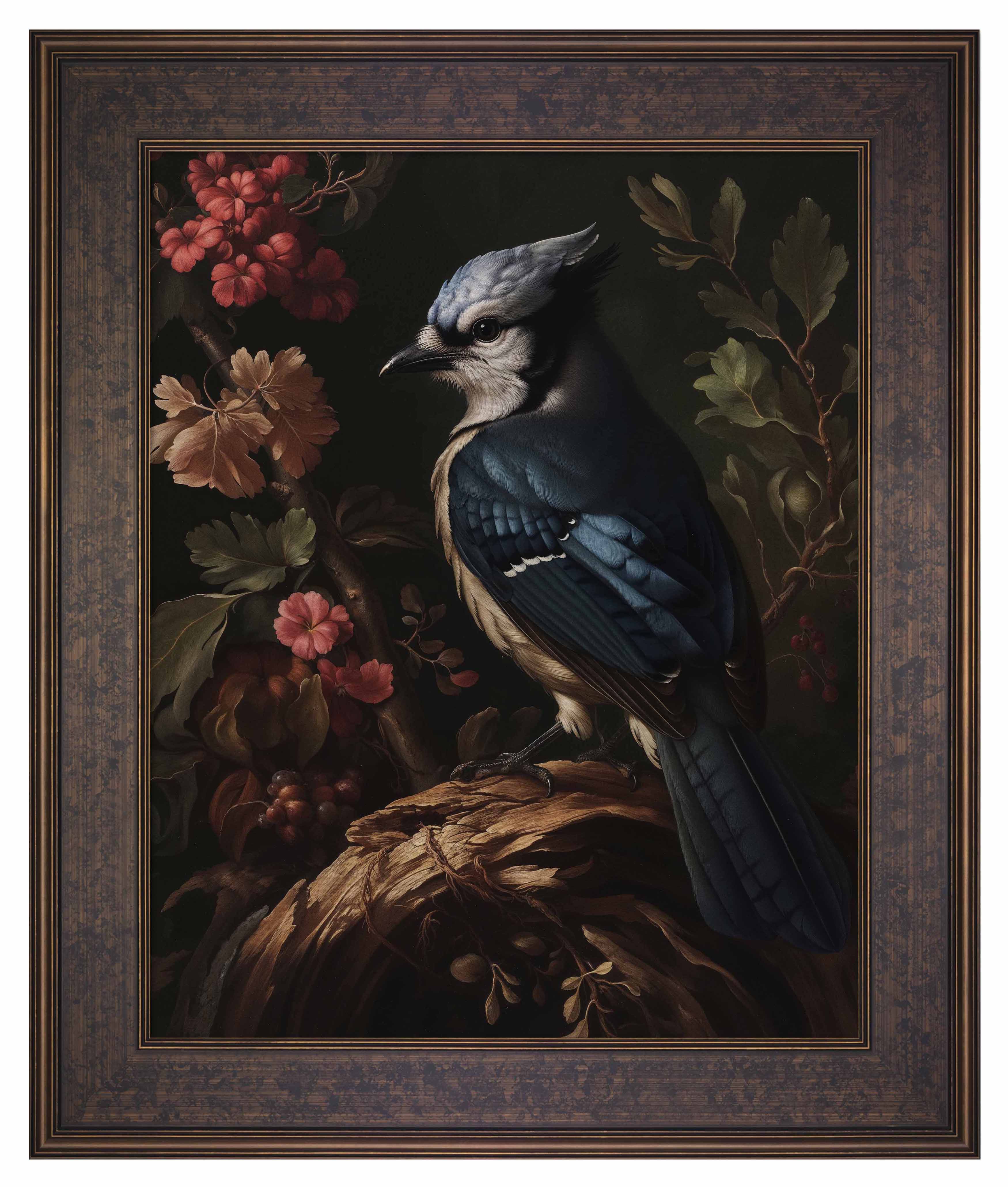 Blue Jay Among Flowers - Limited Edition Elegant Canvas Wall Art for Home & Office Decor | Nature-Inspired Painting for Living Room, Bedroom, or Gift