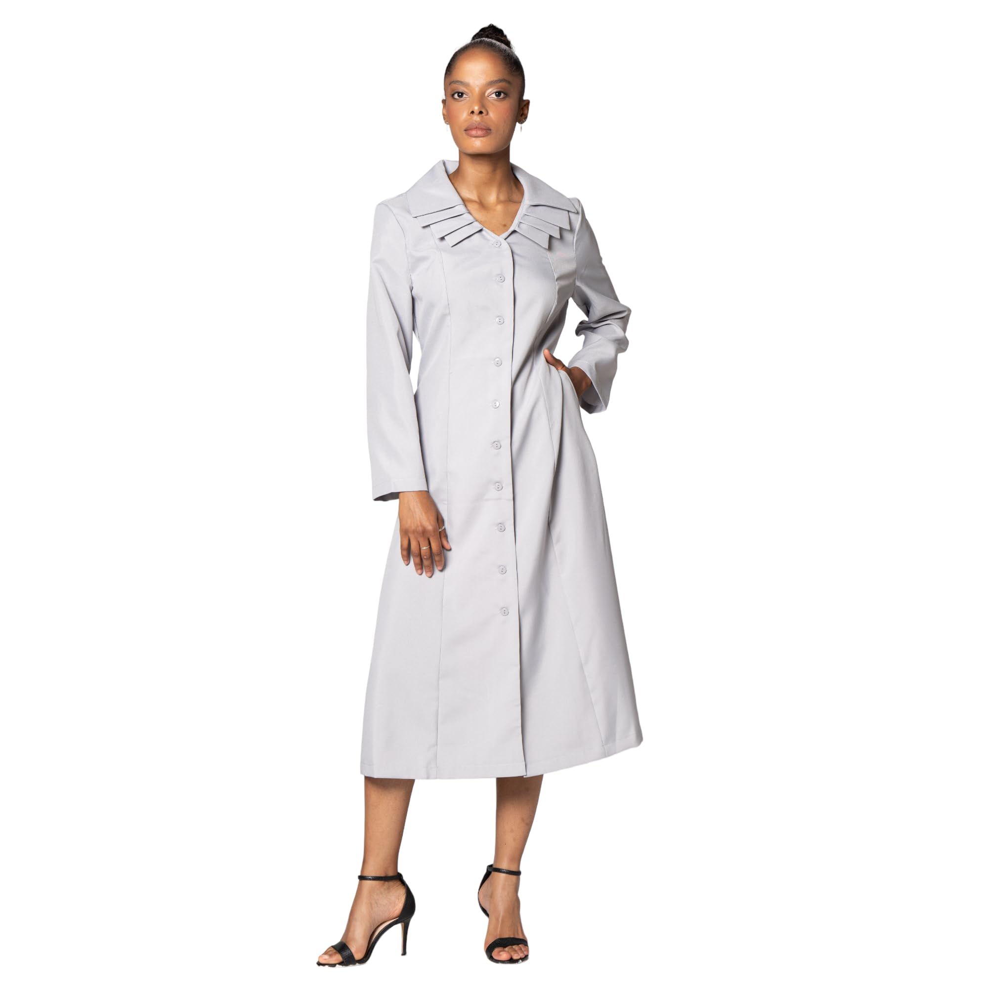 Elegant Button Down Dress with Layered Collar - Mid-Length Church Dress for Women | Perfect for Church Groups, Usher Uniforms & Choir Attire | Formal Occasions, Sunday Services & Special Events | Style G11721