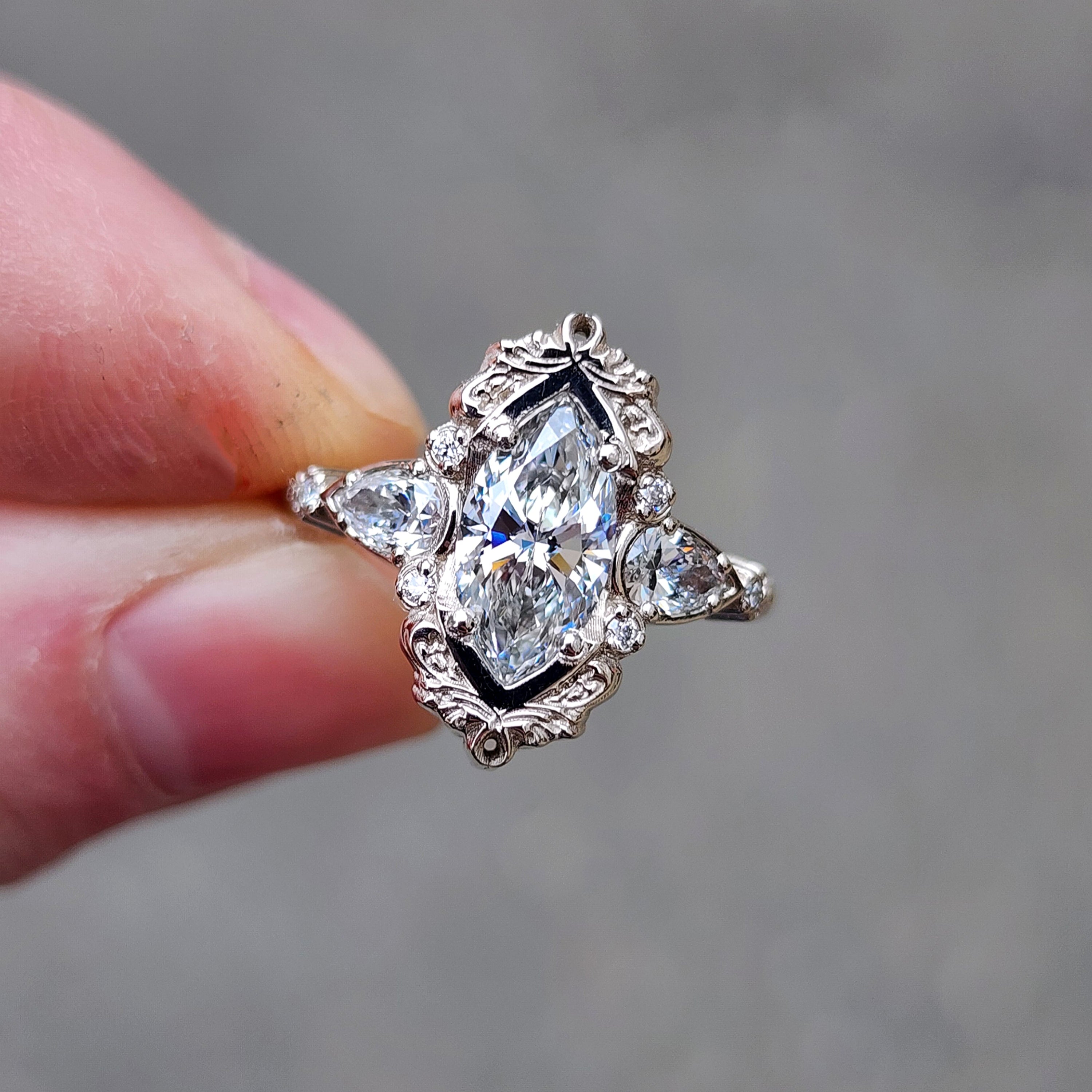 Ready to Ship Odette Engagement Ring Set – Size 4.5 & 6.5, 1.07ct Lab-Grown Marquise Diamond, 14k Palladium White Gold 3-Piece Bridal Jewelry – Perfect for Proposals, Anniversaries & Wedding Bands