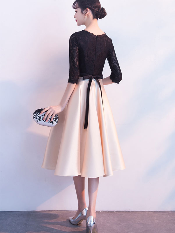 Elegant Color Blocked Belted Fit & Flare Tea Length Prom Dress for Homecoming, Wedding Guest & Special Occasions