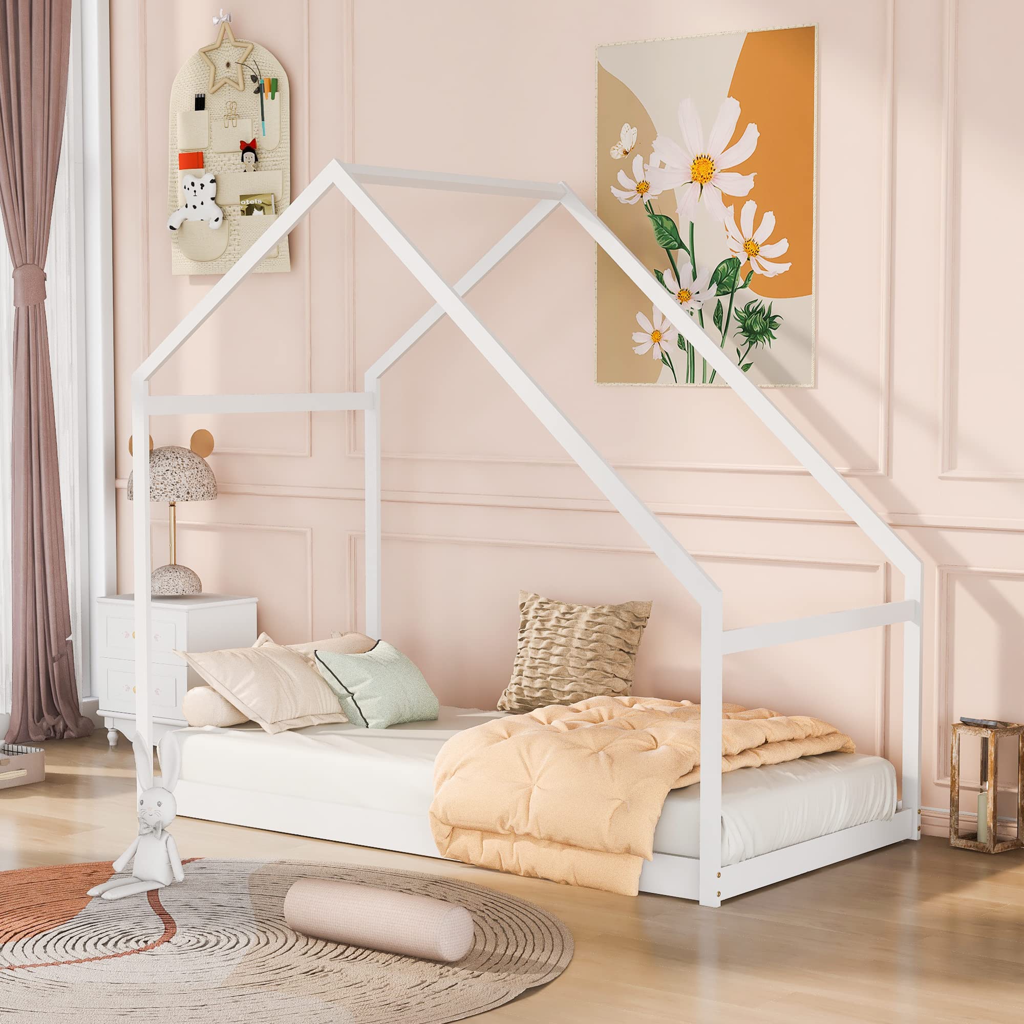 SOFTSEA Twin Size Floor Bed Frame for Kids - Low Profile Wooden Platform Bed with Slats, Sturdy & Safe for Toddlers - Perfect for Montessori Bedrooms, Daycare Centers, and Small Spaces