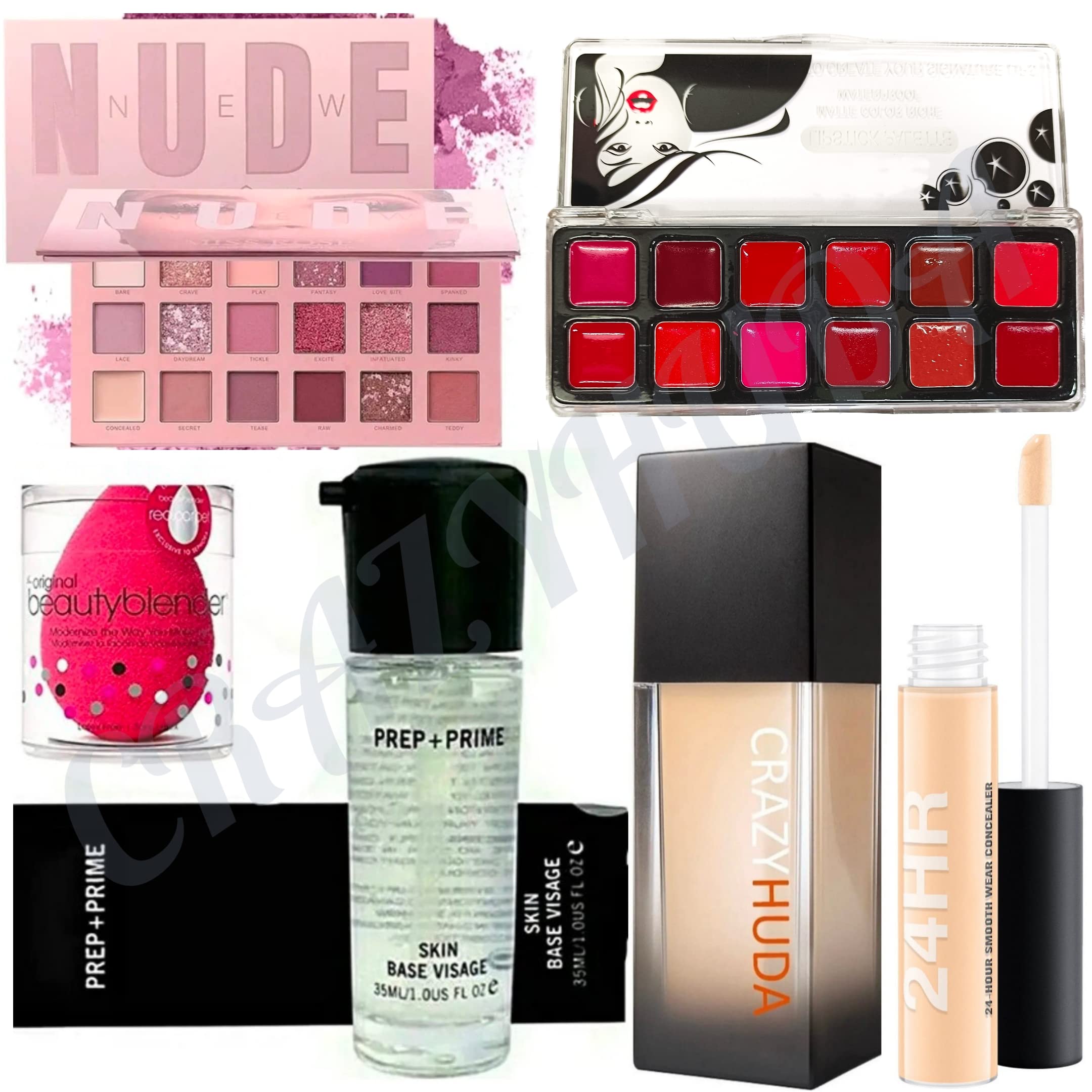 Huda Beauty Waterproof Long-Lasting Nude Eyeshadow Palette - 18 Colors, Prep + Prime, Foundation, 24HR Concealer & 12 Matte Lipstick Set with 6 Beauty Blenders | Perfect for Makeup Artists, Bridal & Party Looks