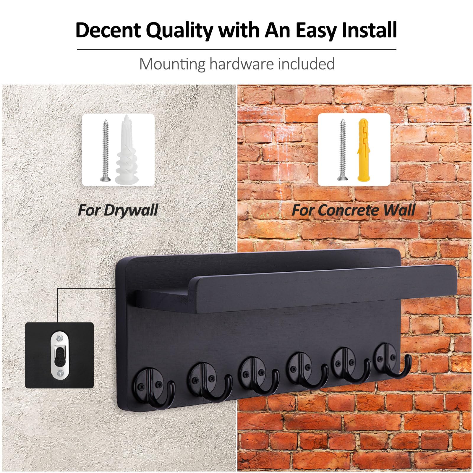 12.9 Inch Wooden Wall Key Holder with 6 Hooks & Display Shelf - Entryway Organizer for Keys, Mail & Small Items - Perfect for Living Room, Kitchen, Hallway & Office (Black)