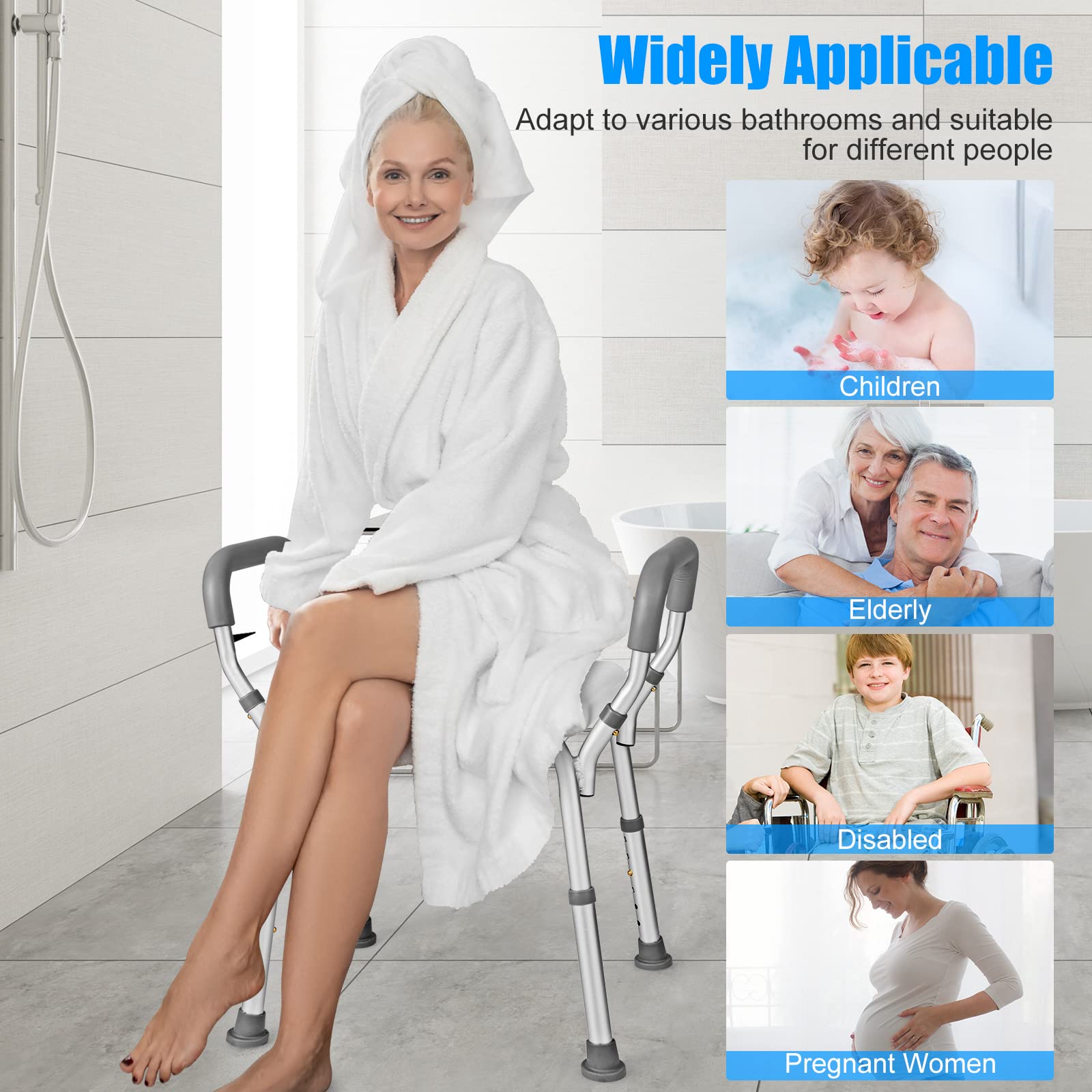 Adjustable Shower Chair with Removable Handrails - Non-Slip Bath Seat for Elderly, Disabled & Handicap Users - 6 Height Positions for Bathtub & Shower Safety - Ideal for Bathroom Mobility Assistance & Post-Surgery Recovery