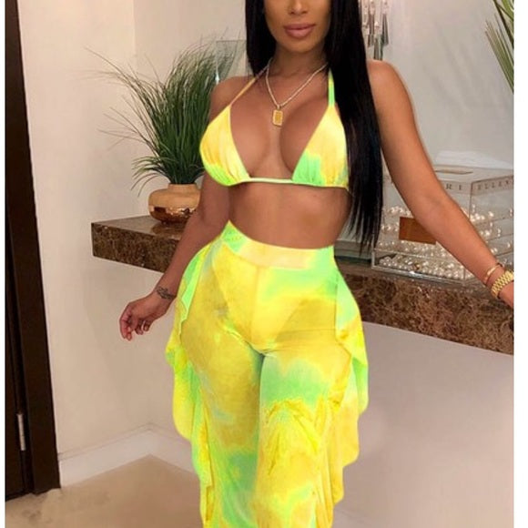 Sheer Ruffle 2 Piece Beach Cover Up Set - Flowy Bikini Cover Up & Sarong Skirt for Women, Summer Swimwear, Pool Party, Vacation Outfit