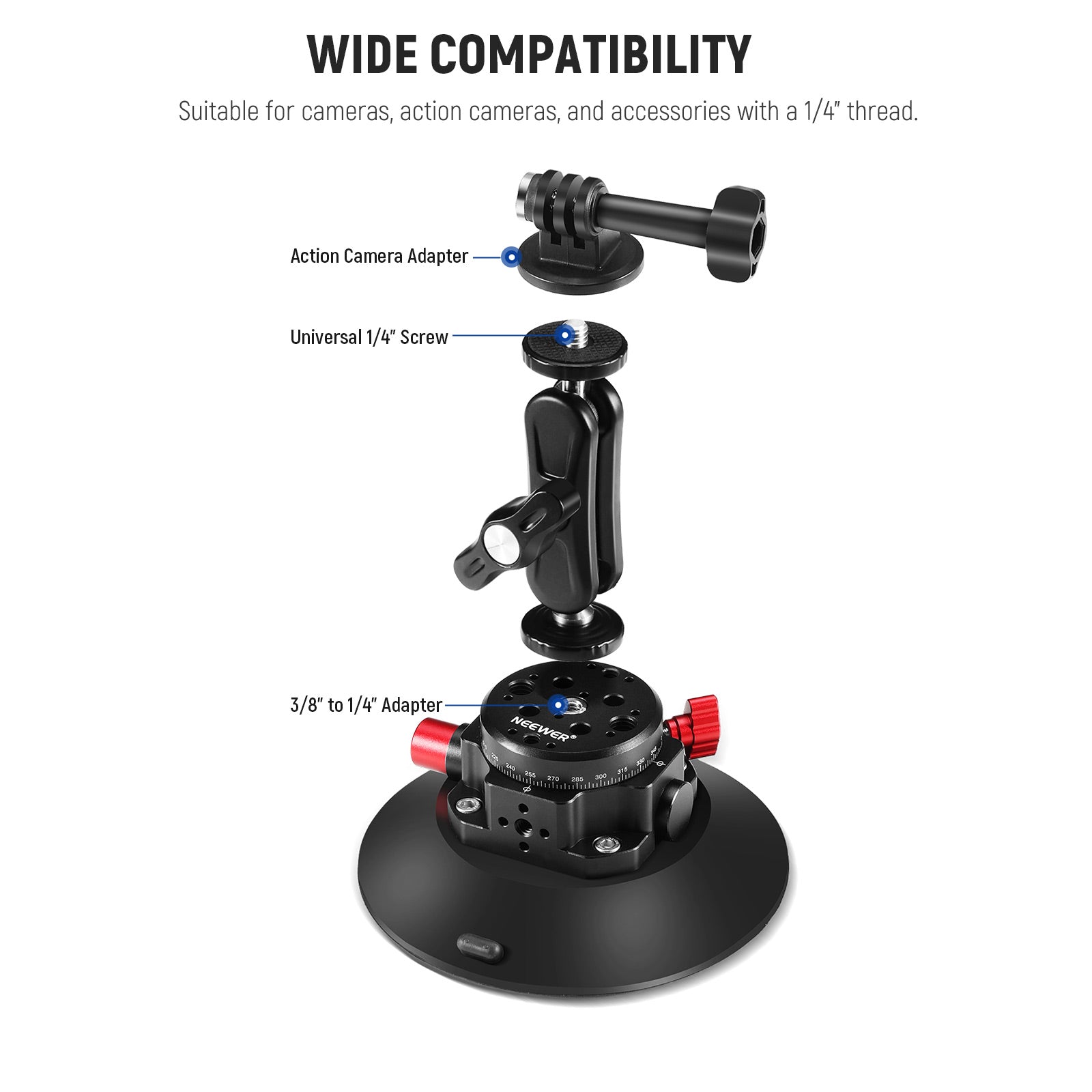 NEEWER CA013 6 Camera Suction Mount with Ball Head Magic Arm - Professional Multi-Angle Camera Mount for DSLR, Action Cam, GoPro - Perfect for Vlogging, Filmmaking, and Outdoor Photography