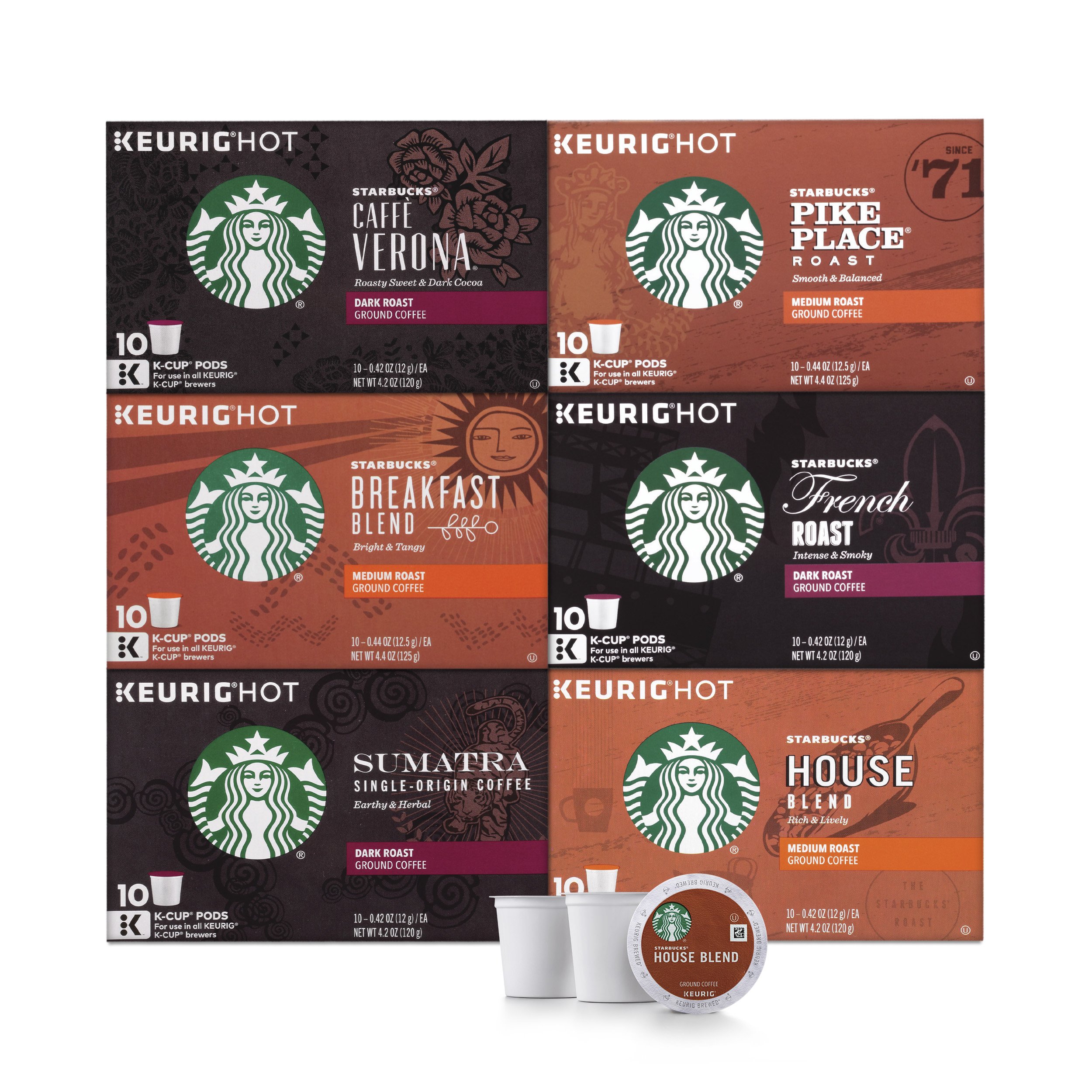 Starbucks Black & Flavored K-Cup Coffee Pods Variety Pack for Keurig Brewers - 6 Boxes (60 Pods) + 1 Box (40 Pods) - Perfect for Home, Office & Morning Brewing