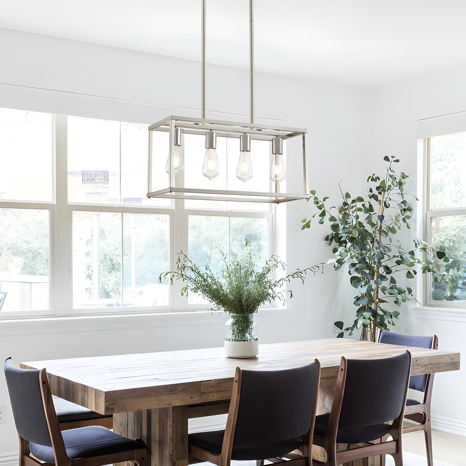 4-Light Farmhouse Chandelier Brushed Nickel - Modern Rectangular Dining Room & Kitchen Island Pendant Light Fixture with Adjustable Height, E26 Base - Perfect for Farmhouse, Rustic, and Contemporary Home Decor