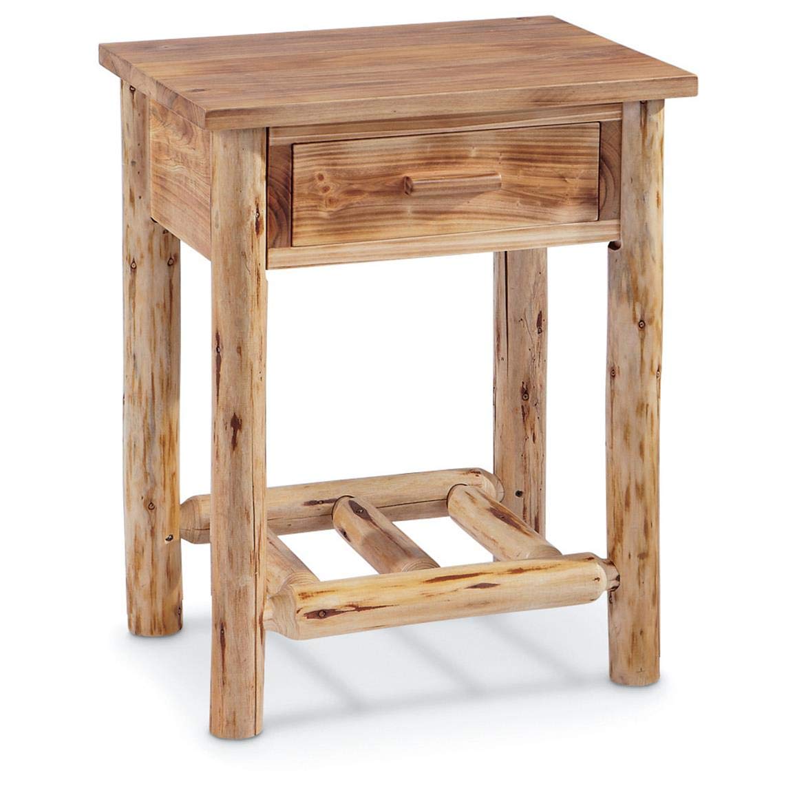 Rustic Pine Log End Table with Storage Drawer - Natural Weathered Wood Nightstand for Bedroom, Side Table for Living Room Couch - Perfect for Farmhouse, Cabin & Rustic Home Decor