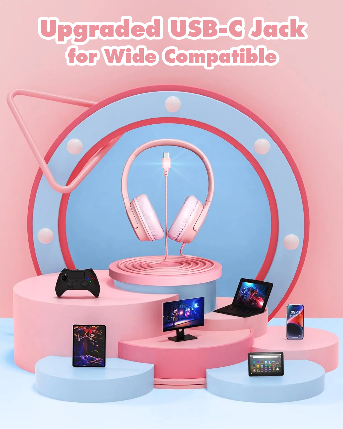 Mpow Kids Headphones with 94dB Safe Volume - Adjustable Over-Ear Headphones for Girls, Boys, Teens & Children - USB-C Jack, Tangle-Free Cord for School, Airplane Travel & Home Learning - Pink