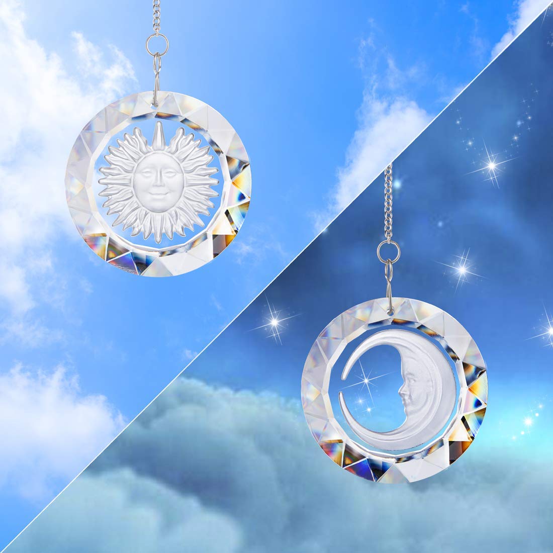 45mm Crystal Suncatcher Round Pendant - Rainbow Maker for Home & Car Decor (Moon & Sun Design) - Perfect for Windows, Gardens, and Windshield Decoration