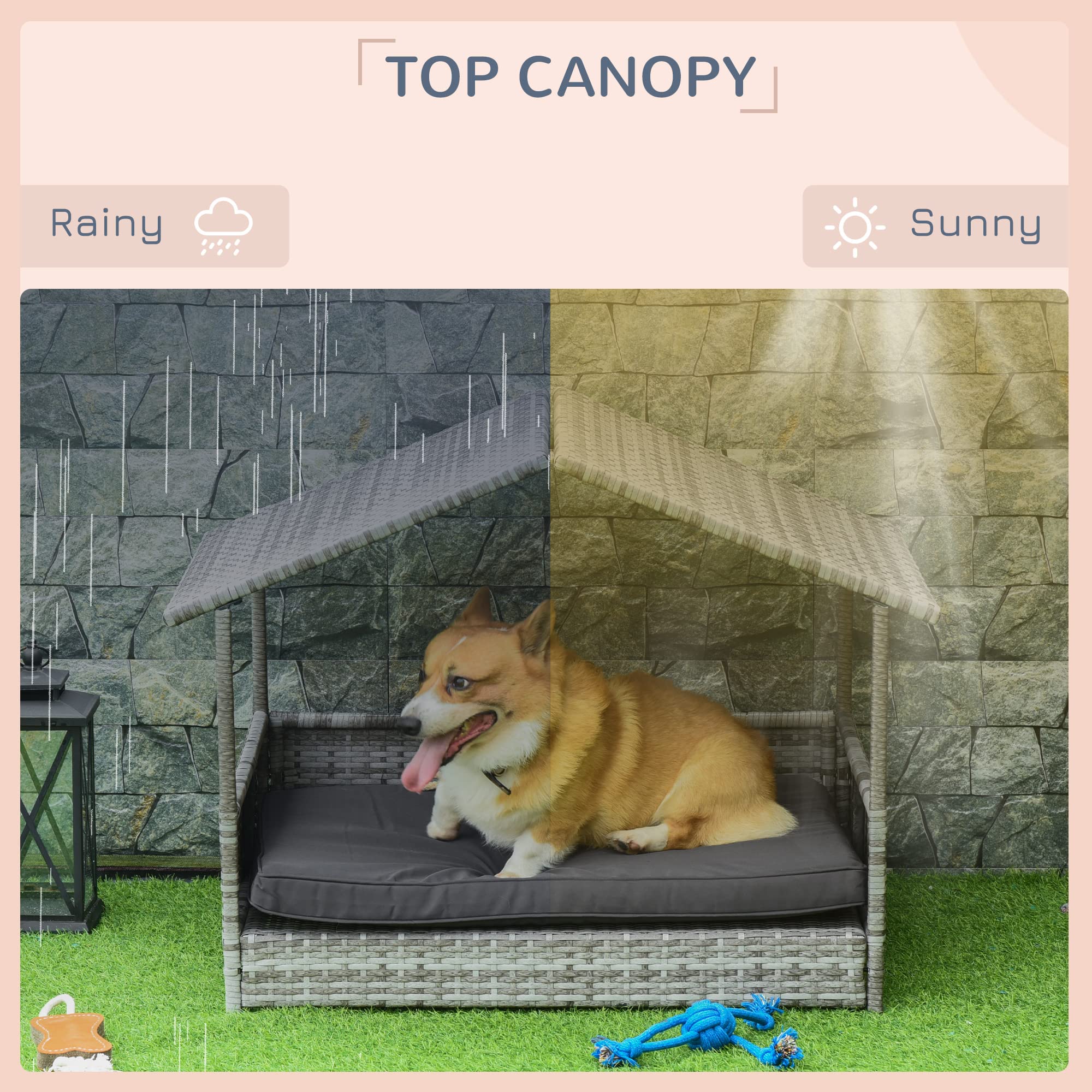 PawHut Outdoor Wicker Dog House with Canopy - Rattan Pet Bed with Waterproof Cushion - Elevated Dog Bed for Small & Medium Dogs up to 66 lbs (19.75