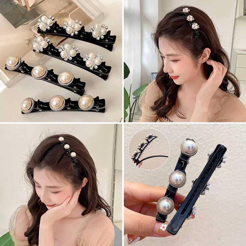Staila 4PCS Sparkling Crystal Rhinestone Braided Hair Clips Set with 3 Mini Clips - Pearl Duckbill Hairpins for Women & Girls | Wedding, Prom, Party Hair Accessories