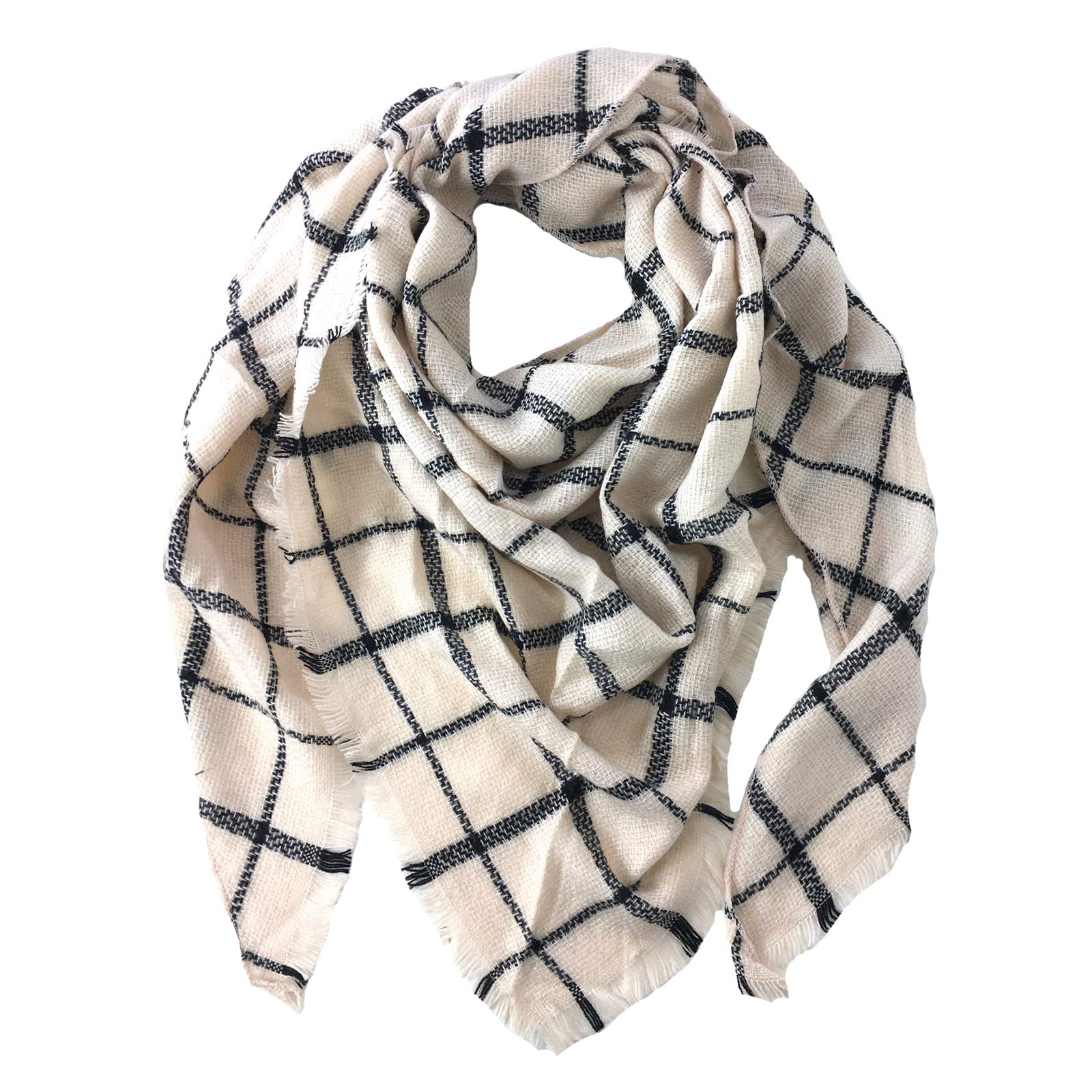 Fashion Culture Windowpane Check Triangle Winter Scarf - Cream & Black - Warm & Stylish Accessory for Women & Men - Perfect for Cold Weather, Outdoors & Holiday Gifts