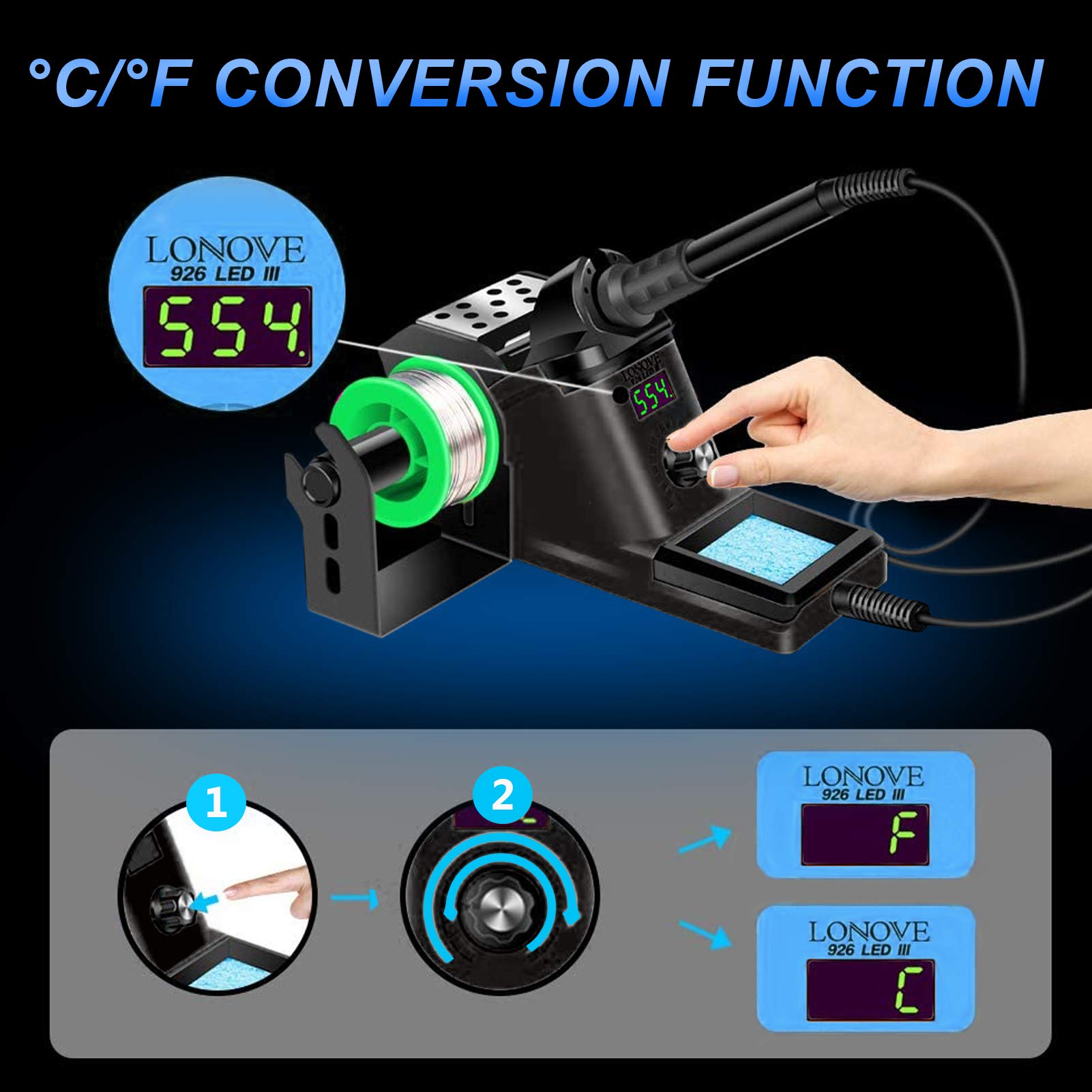 Lenovo 60W Soldering Iron Station Kit with Adjustable Temperature (194°F-896°F), LED Display, Sleep Mode & C/F Switch - Includes 2 Helping Hands, 5 Solder Tips & Solder Wire (926-Black) - Perfect for Electronics Repair, DIY Projects & Hobbyists