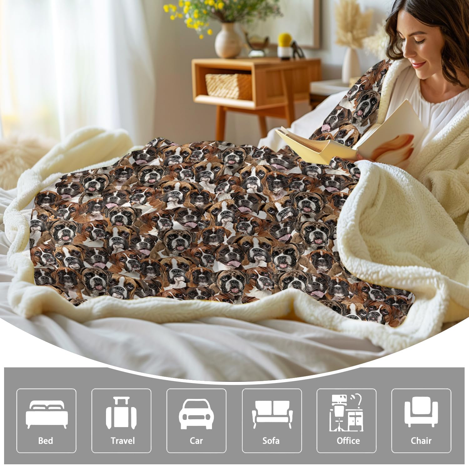 **BlessLiving Reversible Sherpa Fleece Blanket - Ultra Soft Cozy Throw with Cute Boxer Dog Print for Kids, Adults & Pets - Perfect Gift for Dog Lovers (50