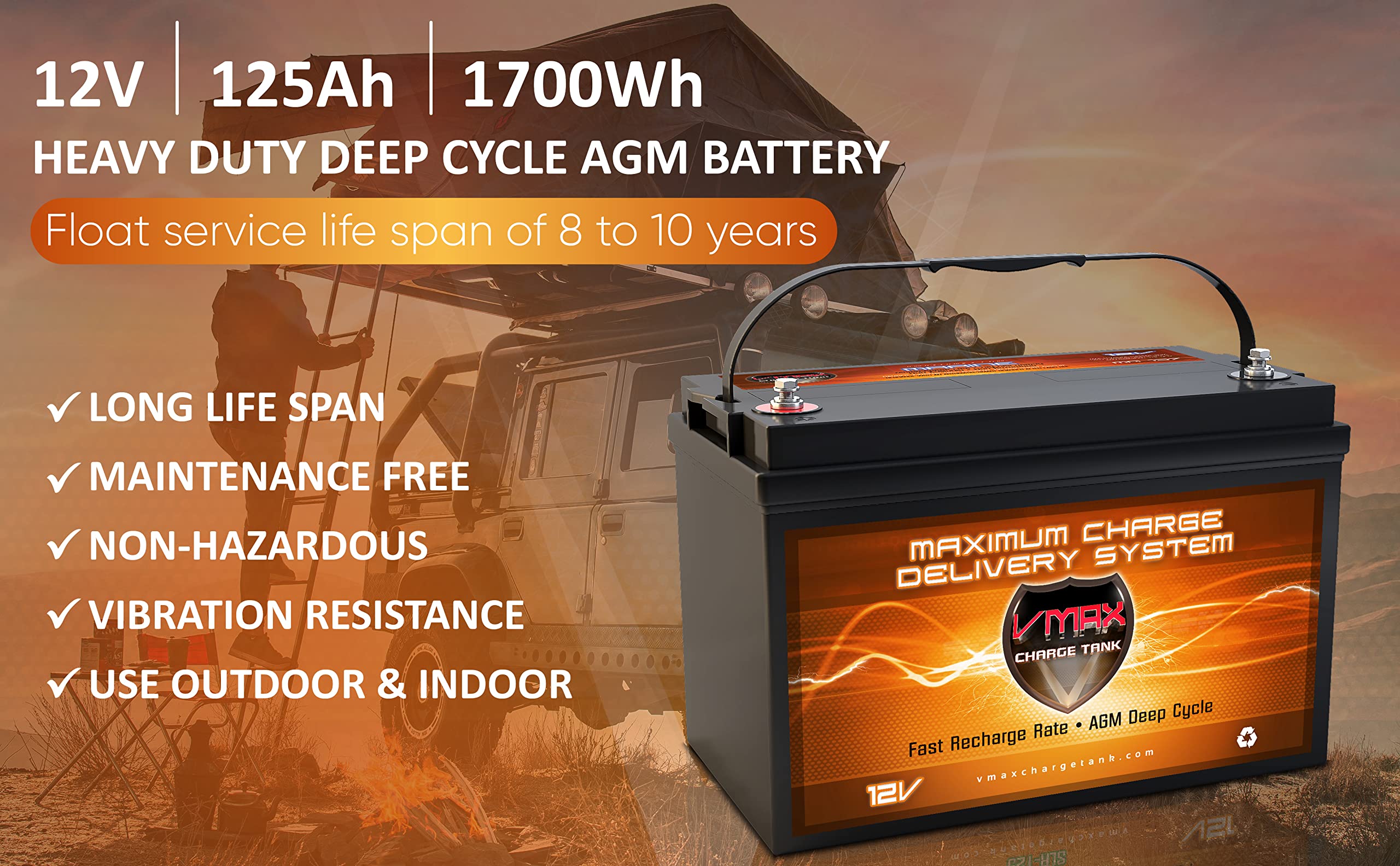 VMAXSLR125-4 AGM Solar Battery - 12V 125Ah Deep Cycle Battery for Solar Power Systems, RV, Marine & Off-Grid Applications (Set of 4) | Reliable Renewable Energy Storage for Home & Outdoor Use